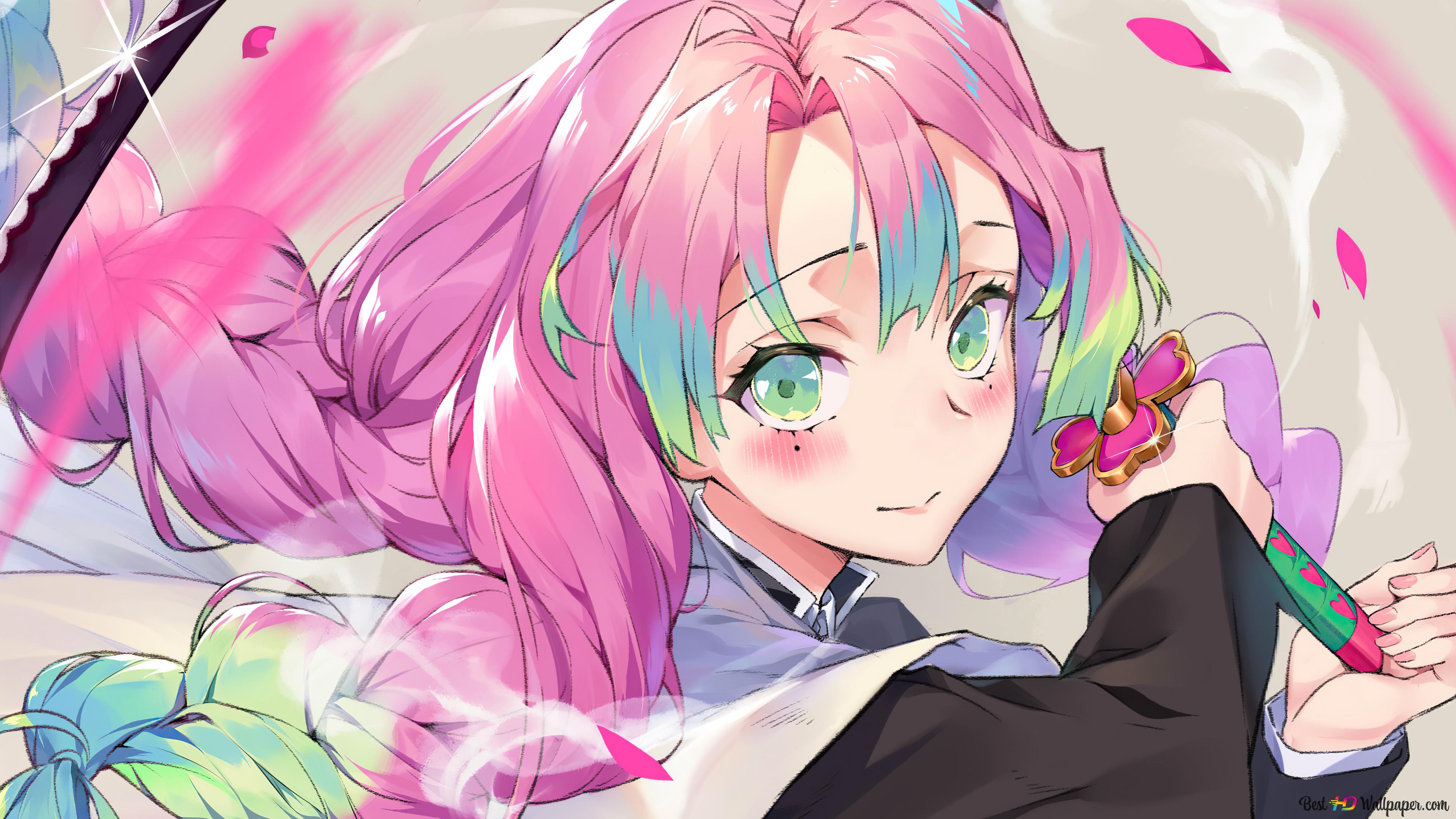Demon Slayer manga series anime girl holding flowers with pink long hair colored eyes 4K wallpaper download