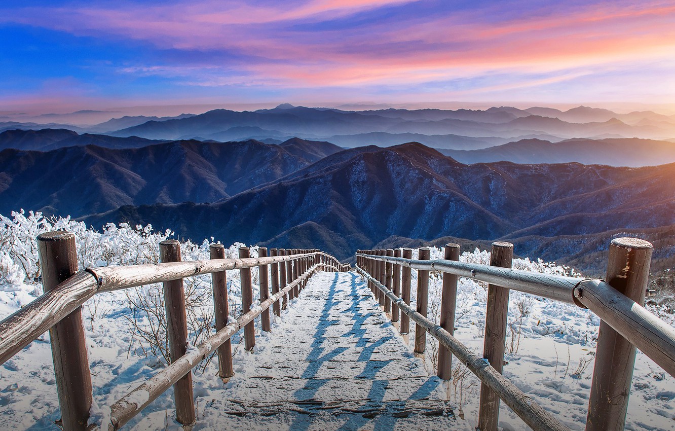 Wallpaper sky, landscape, nature, sunset, South Korea, mountains, clouds, snow, fence, plants, path, mist, stairs, Deogyusan image for desktop, section пейзажи