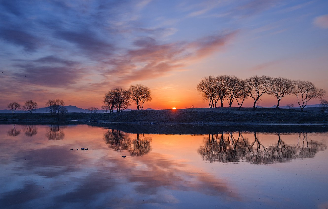 Wallpaper water, trees, reflection, sunrise, dawn, morning, South Korea image for desktop, section пейзажи