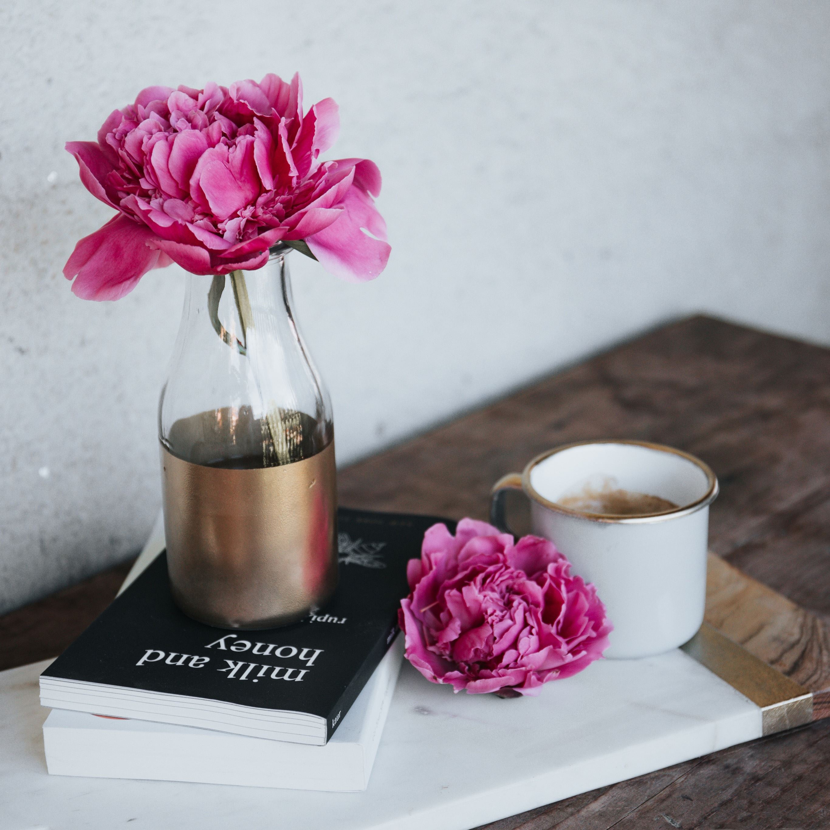 Pink peony flower books iPad Pro Wallpaper Free Download