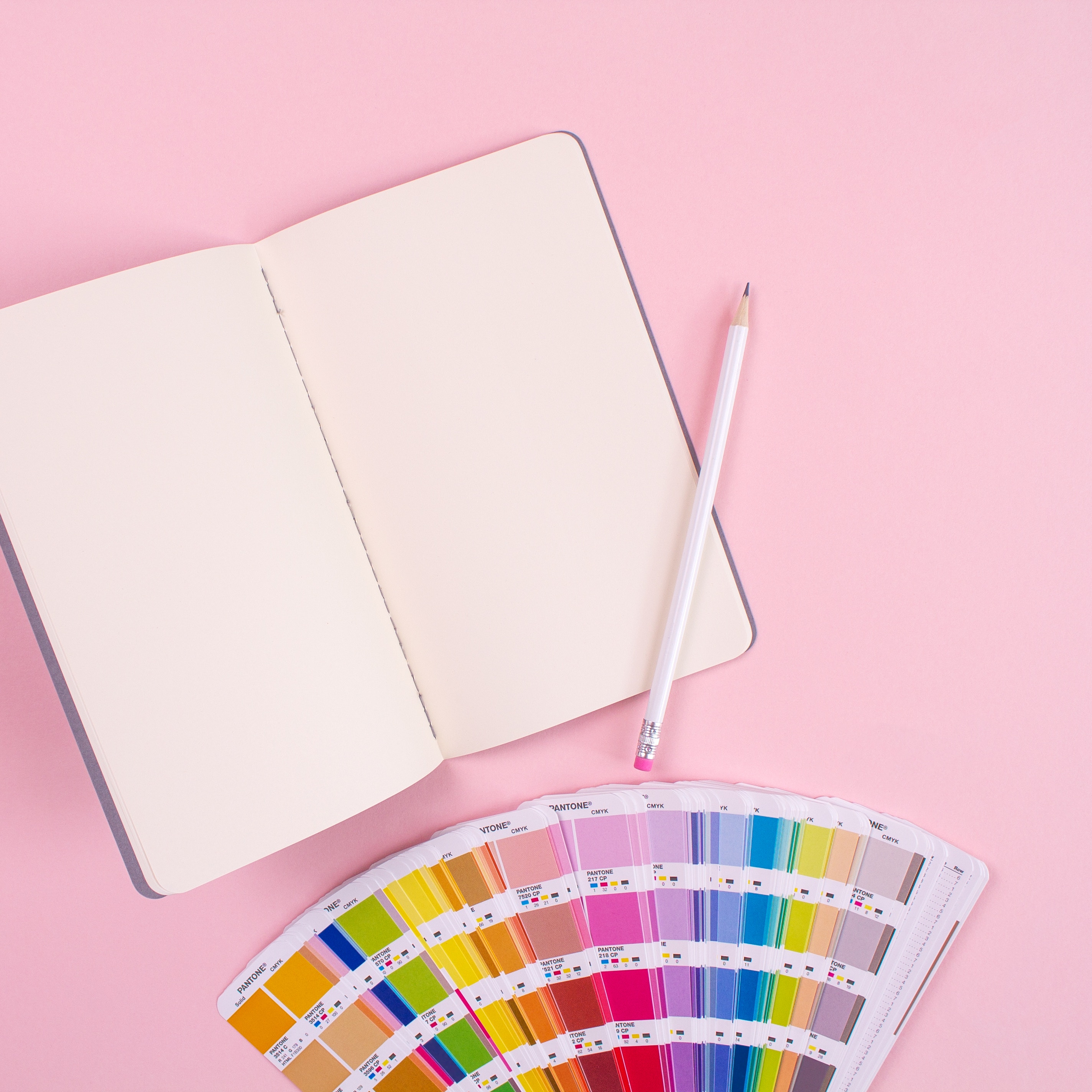 2848x2848 pencil, pantone, creative, notebook, instagram, note, pink, background, design, PNG image, sketch book, color, draft, stationery, social medium, colorful, blogger, drawing, creativity, paper, flat lay Gallery HD Wallpaper