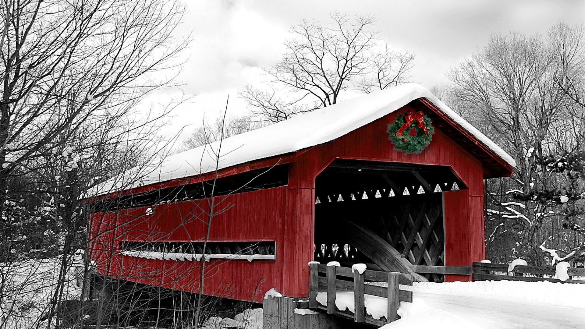 Covered Bridge Crossing, Snow, Wreath Gallery HD Wallpaper
