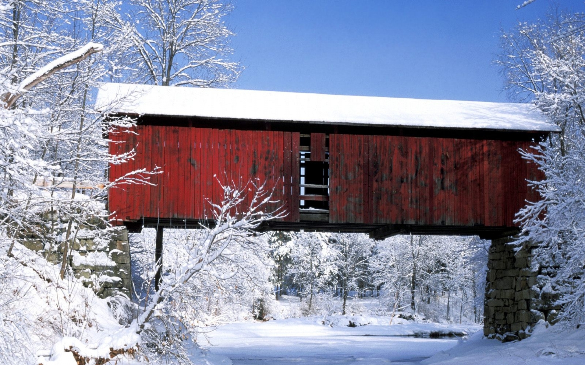 HD desktop wallpaper: Winter, Man Made, Covered Bridge download free picture