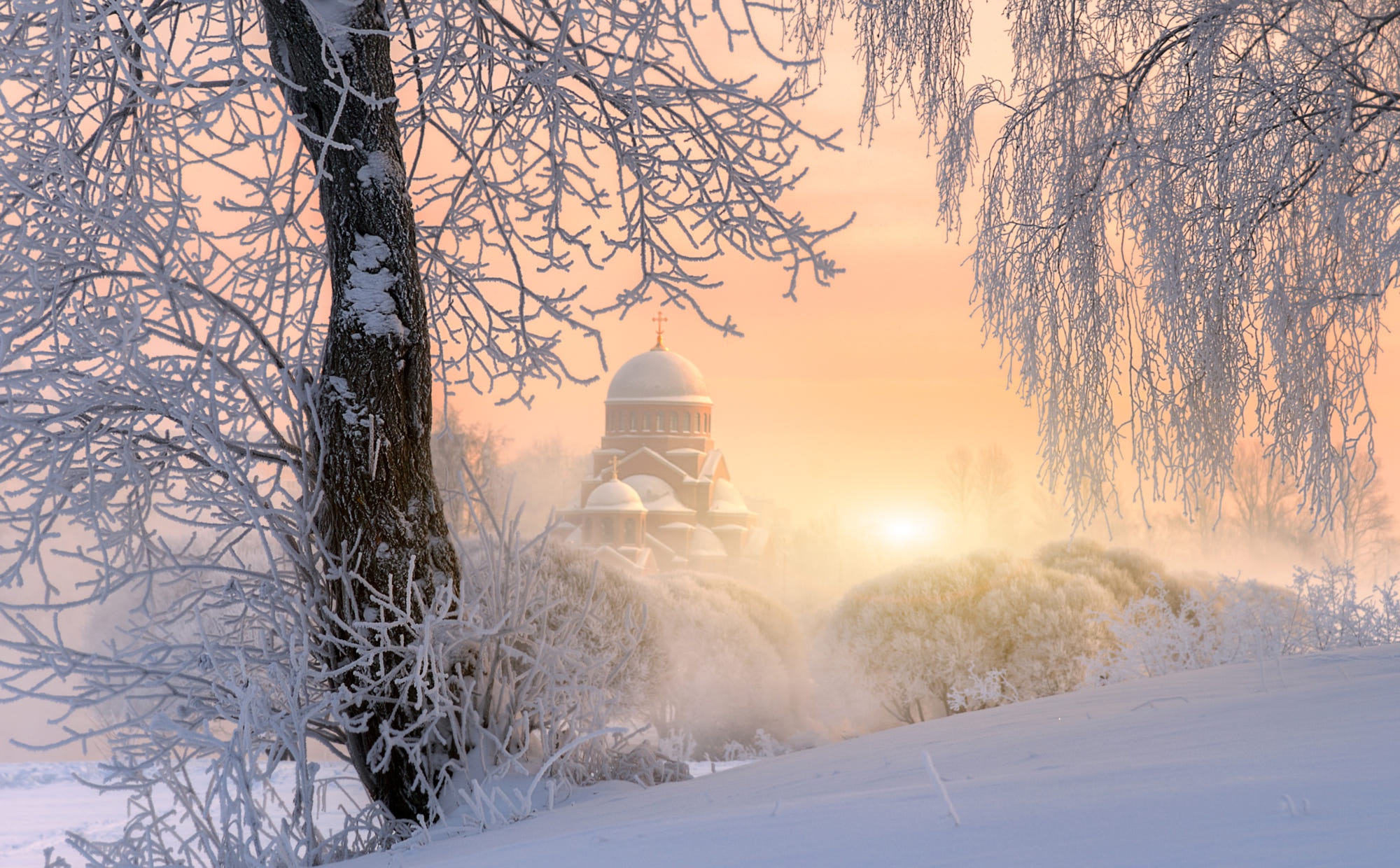 HD desktop wallpaper: Winter, Snow, Dawn, Fog, Frost, Church, Churches, Religious download free picture
