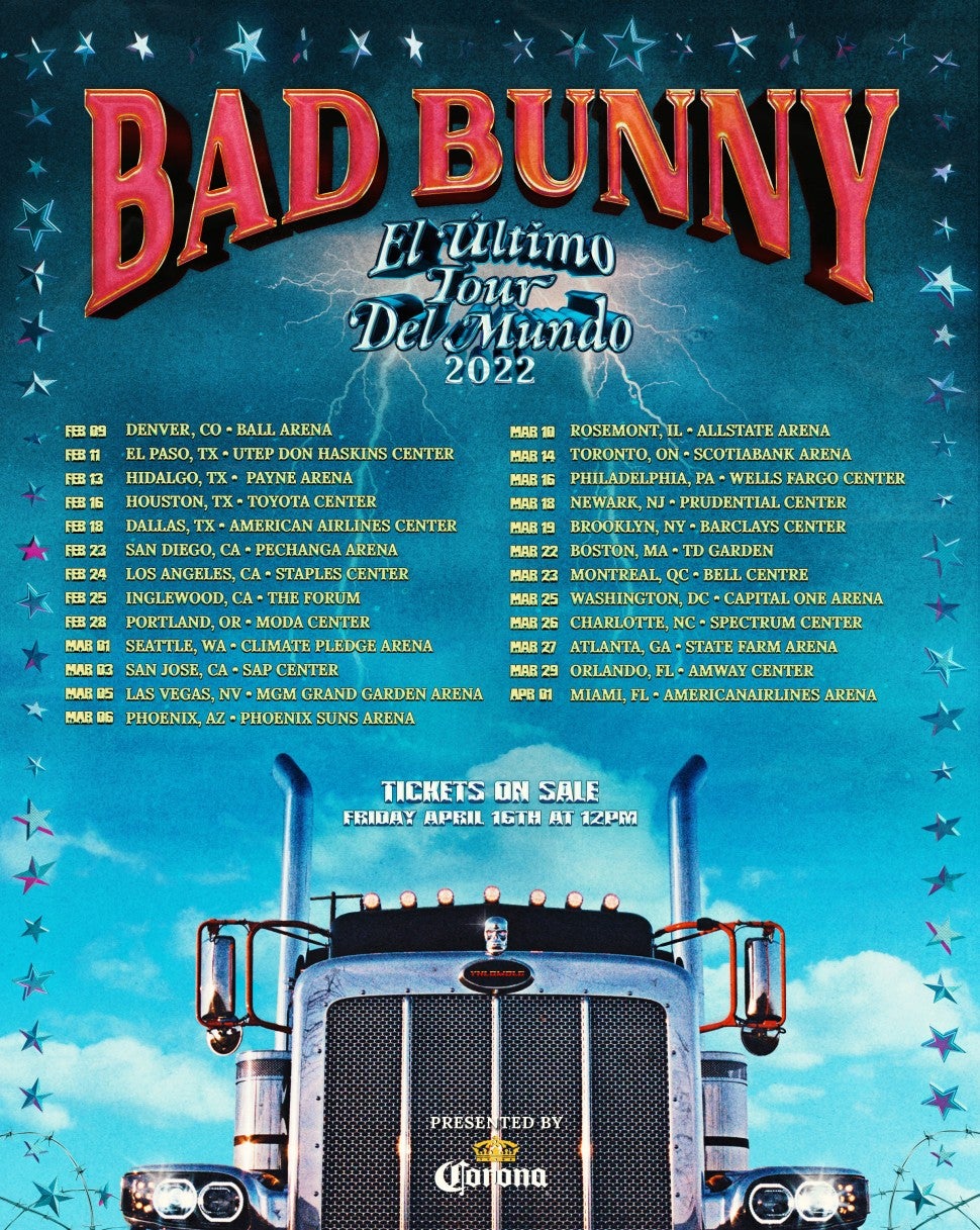 Bad Bunny's North American 'El Último Tour Del Mundo' 2022 Tour - Tickets On Sale Now
