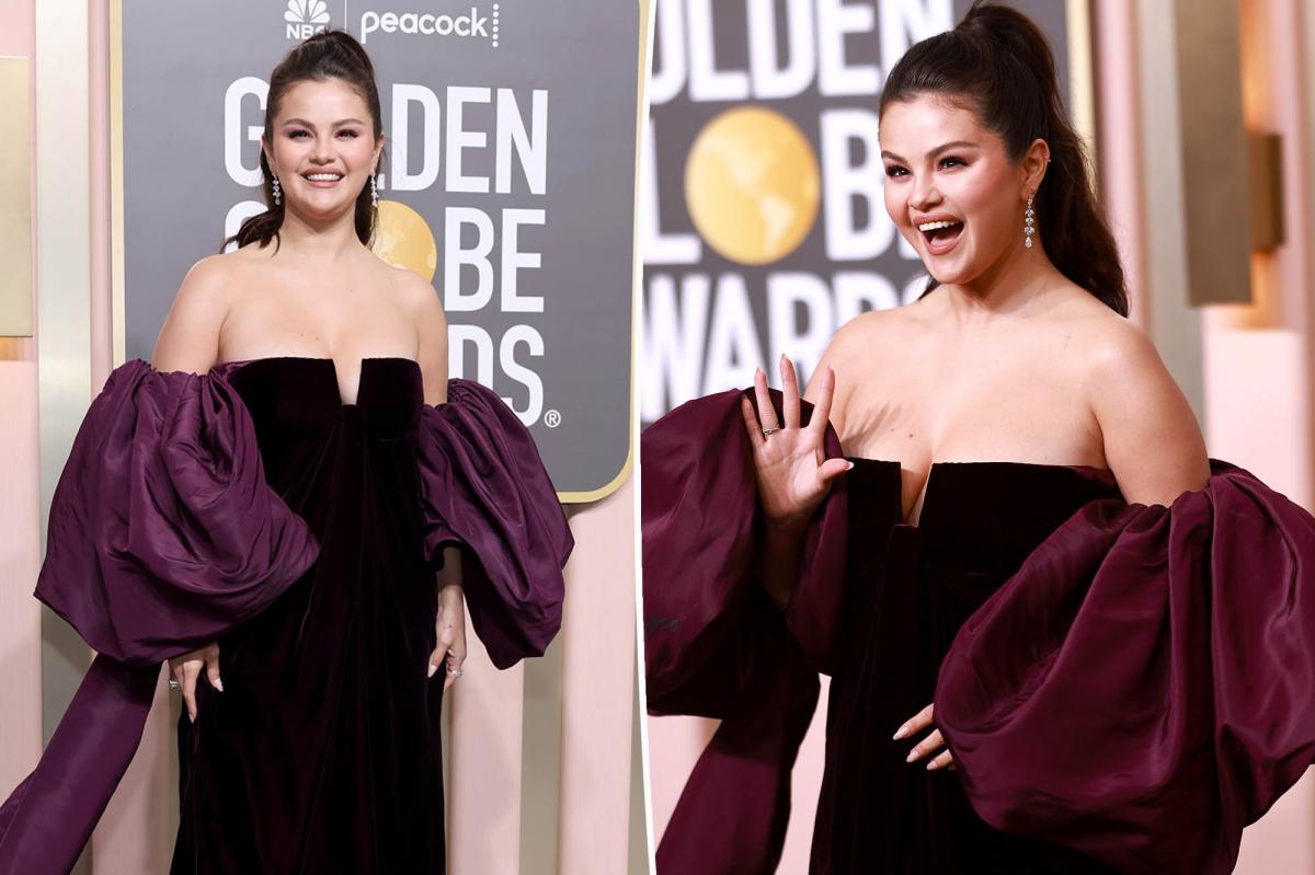 Selena Gomez does dramatic sleeves on Golden Globes 2023 red carpet