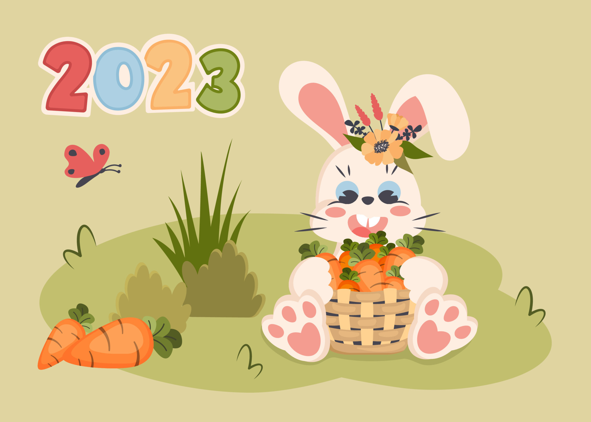 Calendar 2023 cover. Horizontal planner with happy cute bunny. Cartoon rabbit character holding basket of carrots. Vector flat illustration