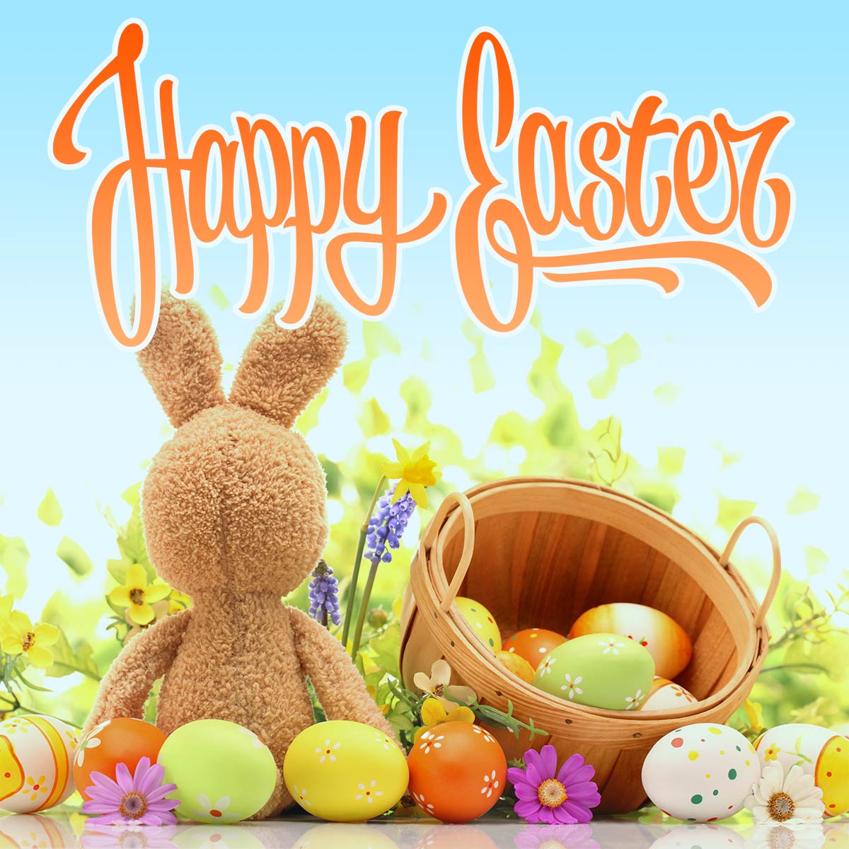 Happy Easter Day Lettering Card with Bunny and Eggs on Funimada.com