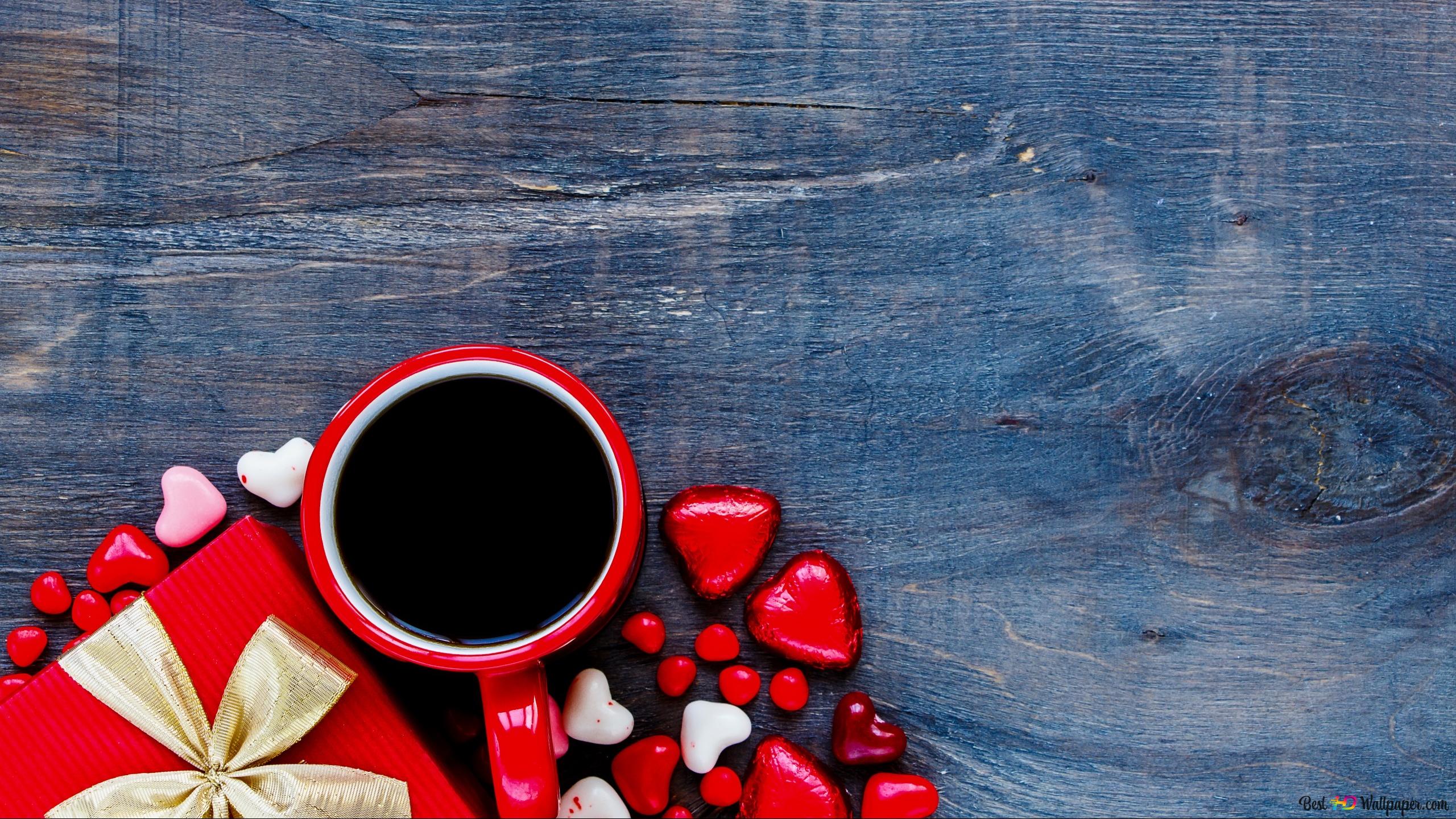 Valentine's day coffee with heart candies 2K wallpaper download