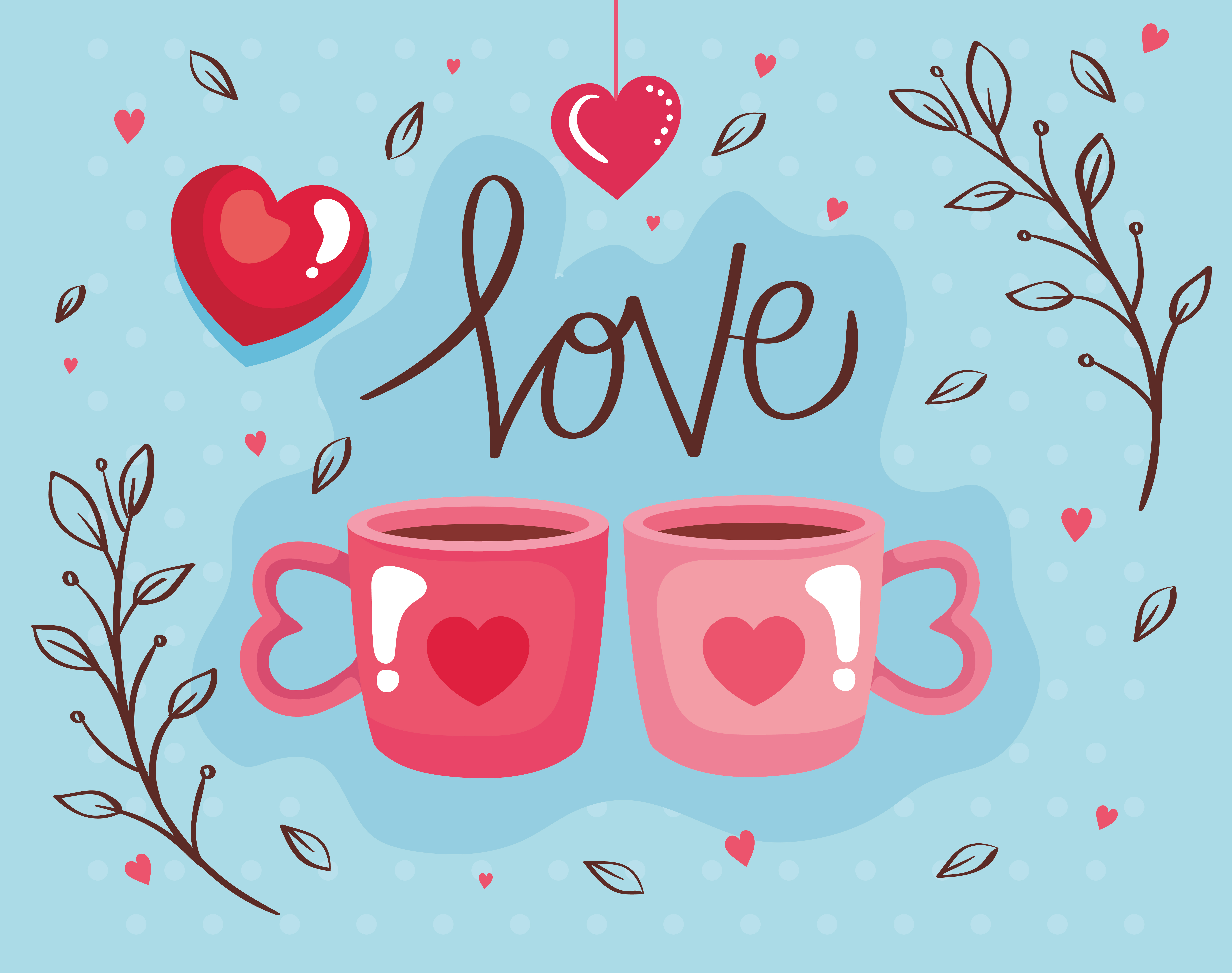 happy valentines day card with cups coffee