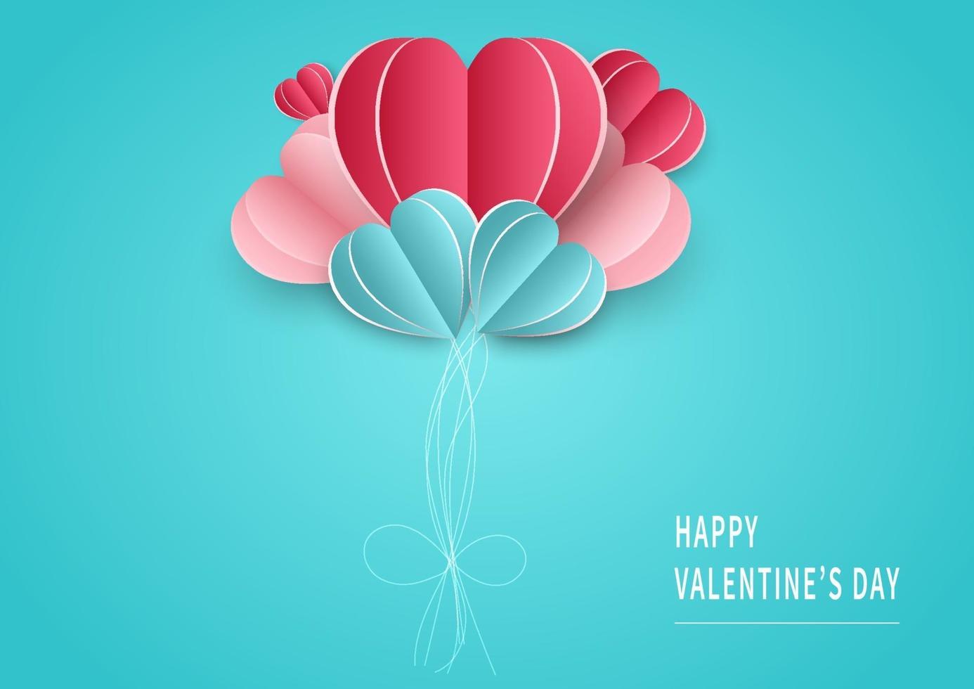 Valentine's day background. Abstract background. Balloons hearts pink and blue paper cut card on light blue backgroungd. Design for valentine's day festival
