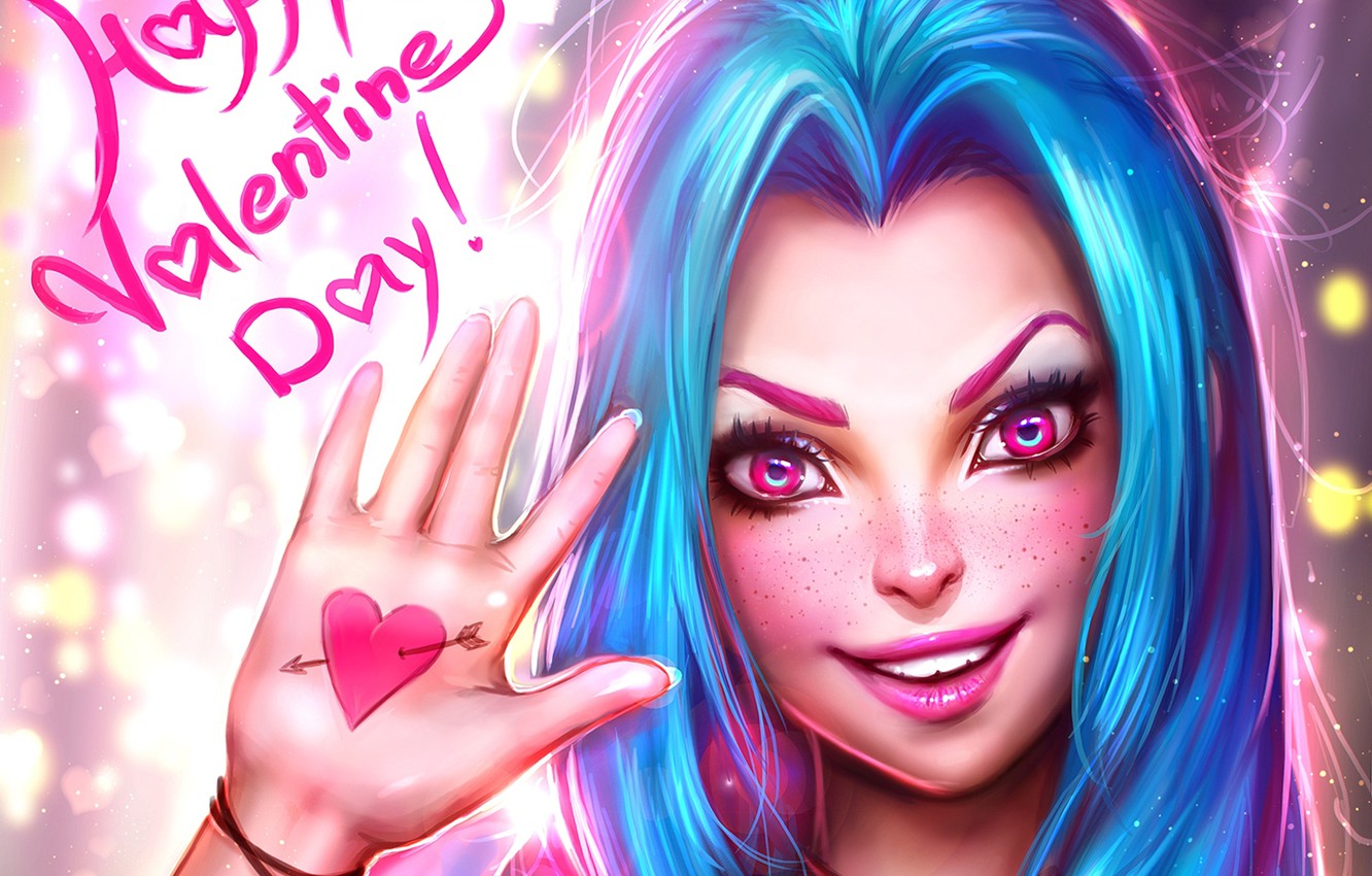Wallpaper girl, face, smile, holiday, hair, beauty, art, lol, valentine's day, League of Legends, Happy Valentine's Day, Jinx, Loose Cannon image for desktop, section игры