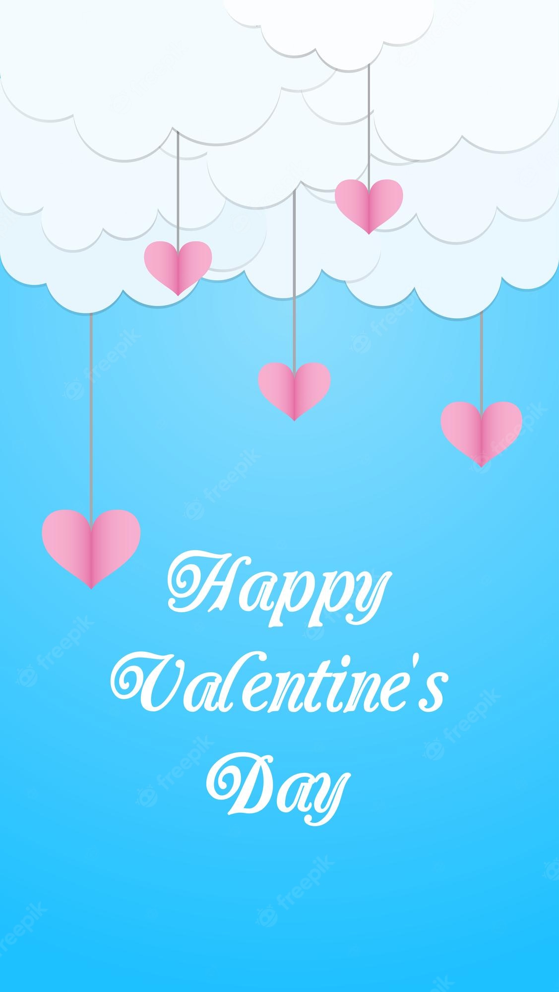 Premium Vector. Design for a banner postcard smartphone wallpaper for valentine's day blue sky with clouds and paper cut hearts vector illustration