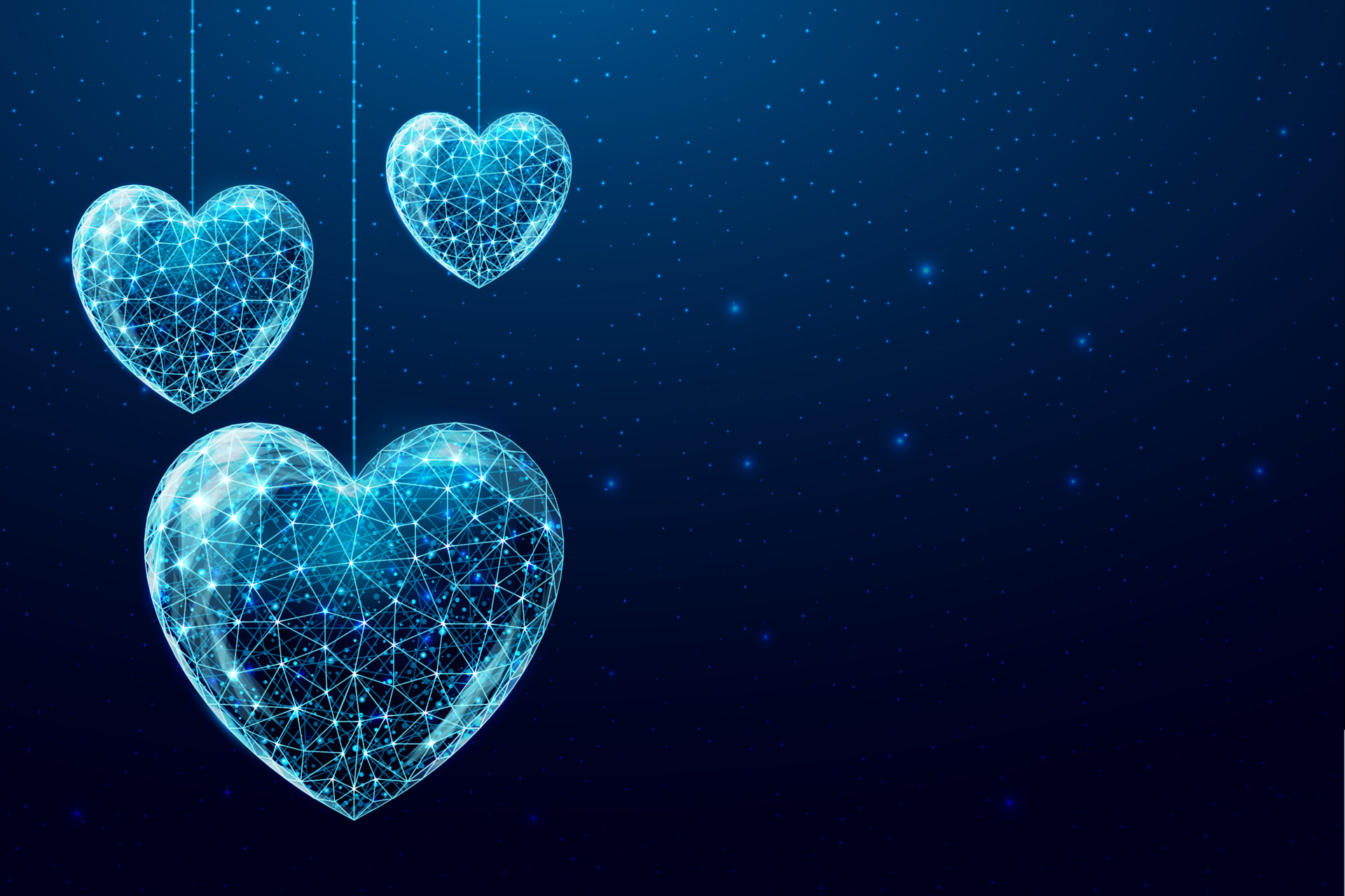 Wireframe hearts in low poly style. Happy Valentine's day banner. Abstract modern 3D vector illustration on dark blue background
