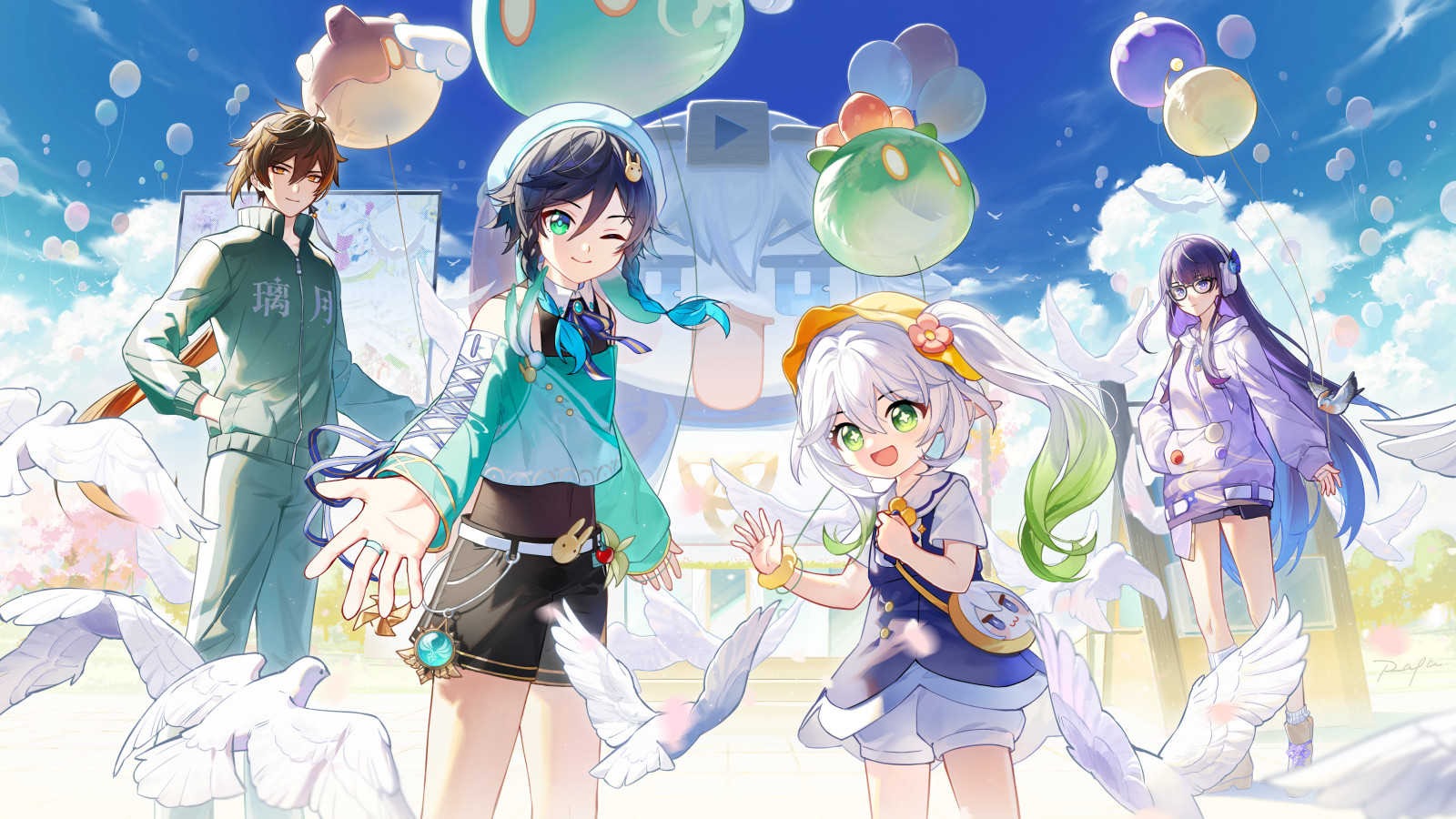 Wallpaper, Genshin Impact, artwork, Zhongli Genshin Impact, Venti Genshin Impact, Nahida Genshin Impact, Raiden Shogun Genshin Impact, anime girls, fan art, festivals, clear sky, pigeons 4800x2700