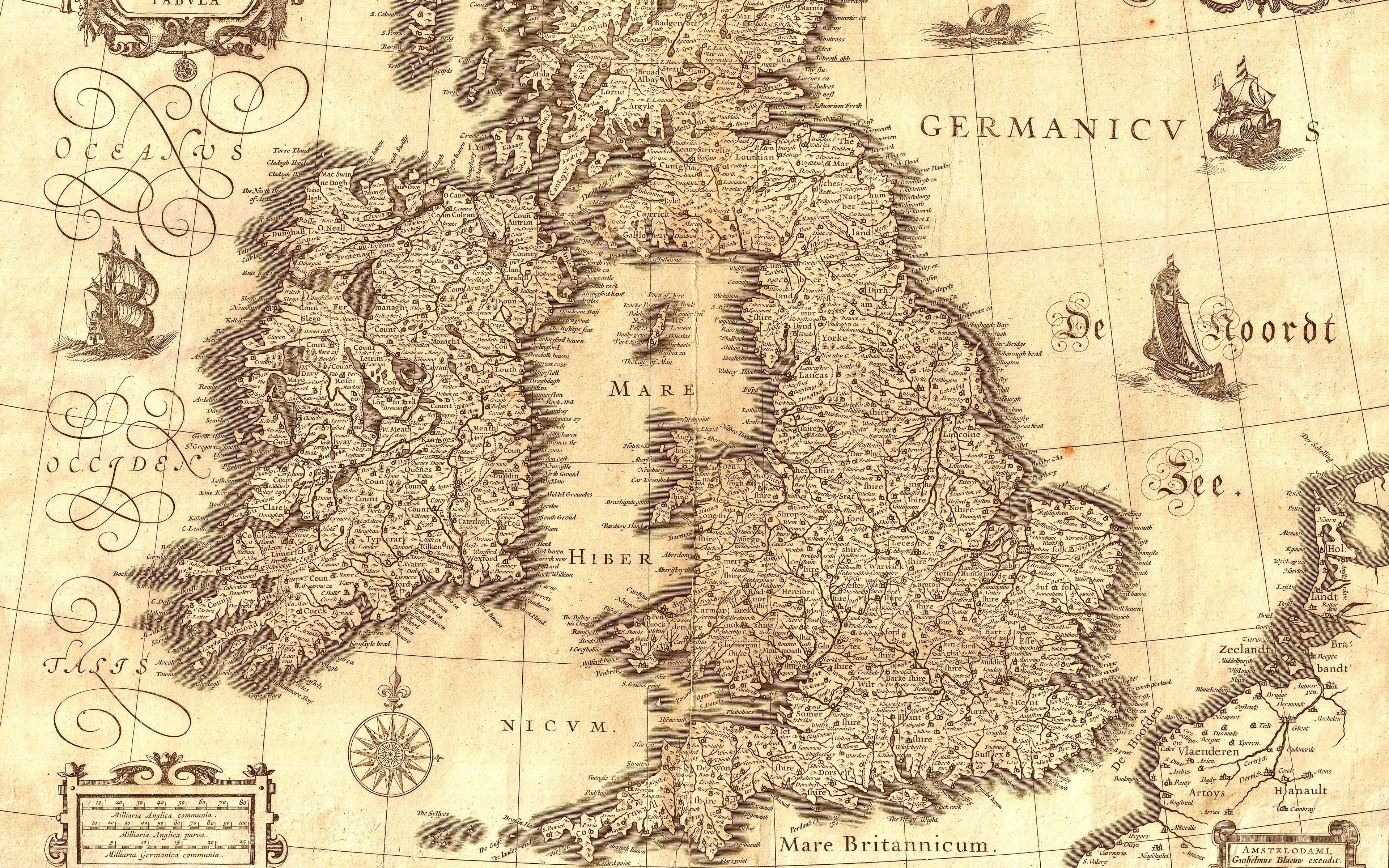 Download wallpaper Map of Great Britain and Ireland, maps of the 17th century, antique maps, United Kingdom, Ireland, map for desktop with resolution 3840x2400. High Quality HD picture wallpaper