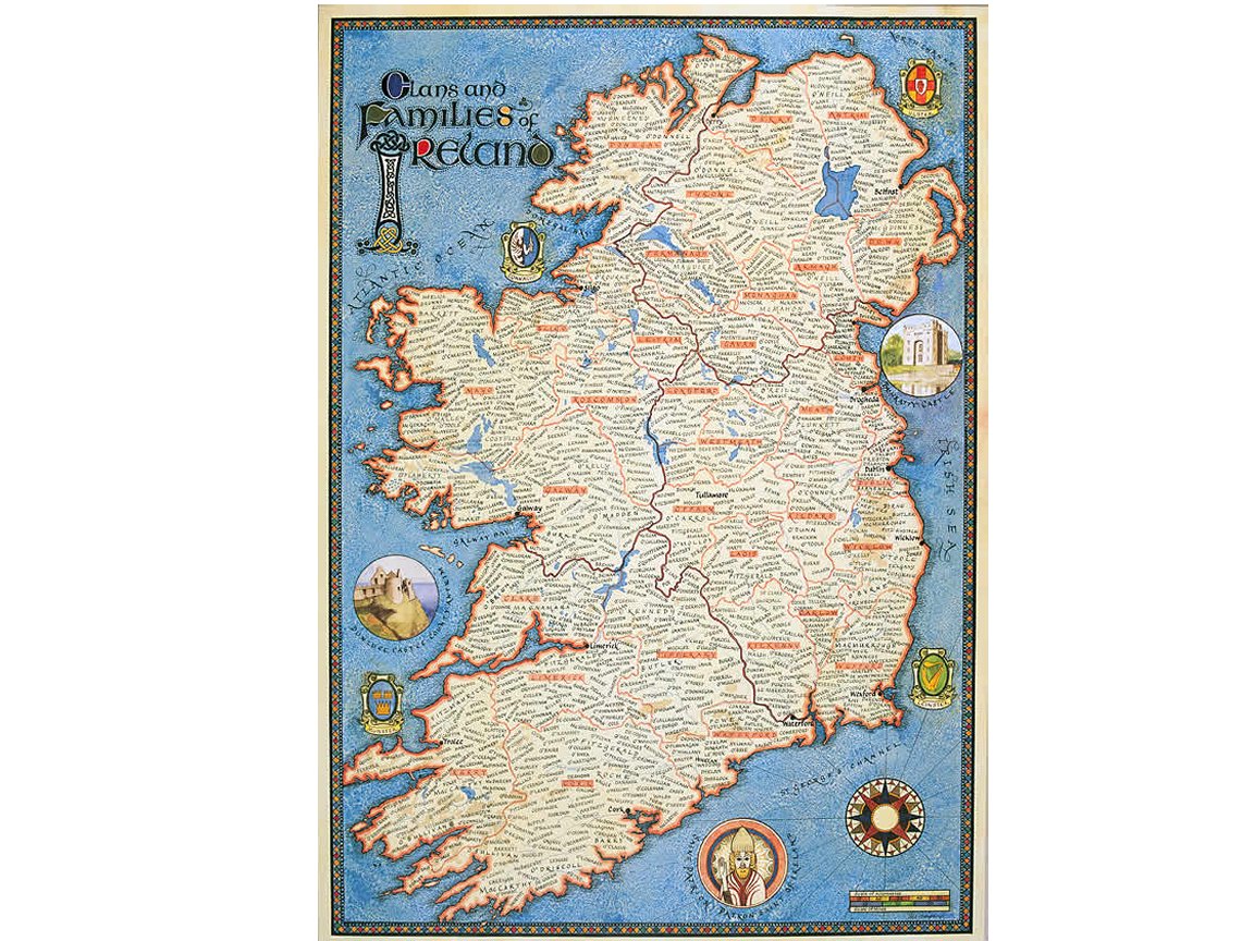 Beautiful Irish Map showing ancestral homeland of thousands of Irish Families