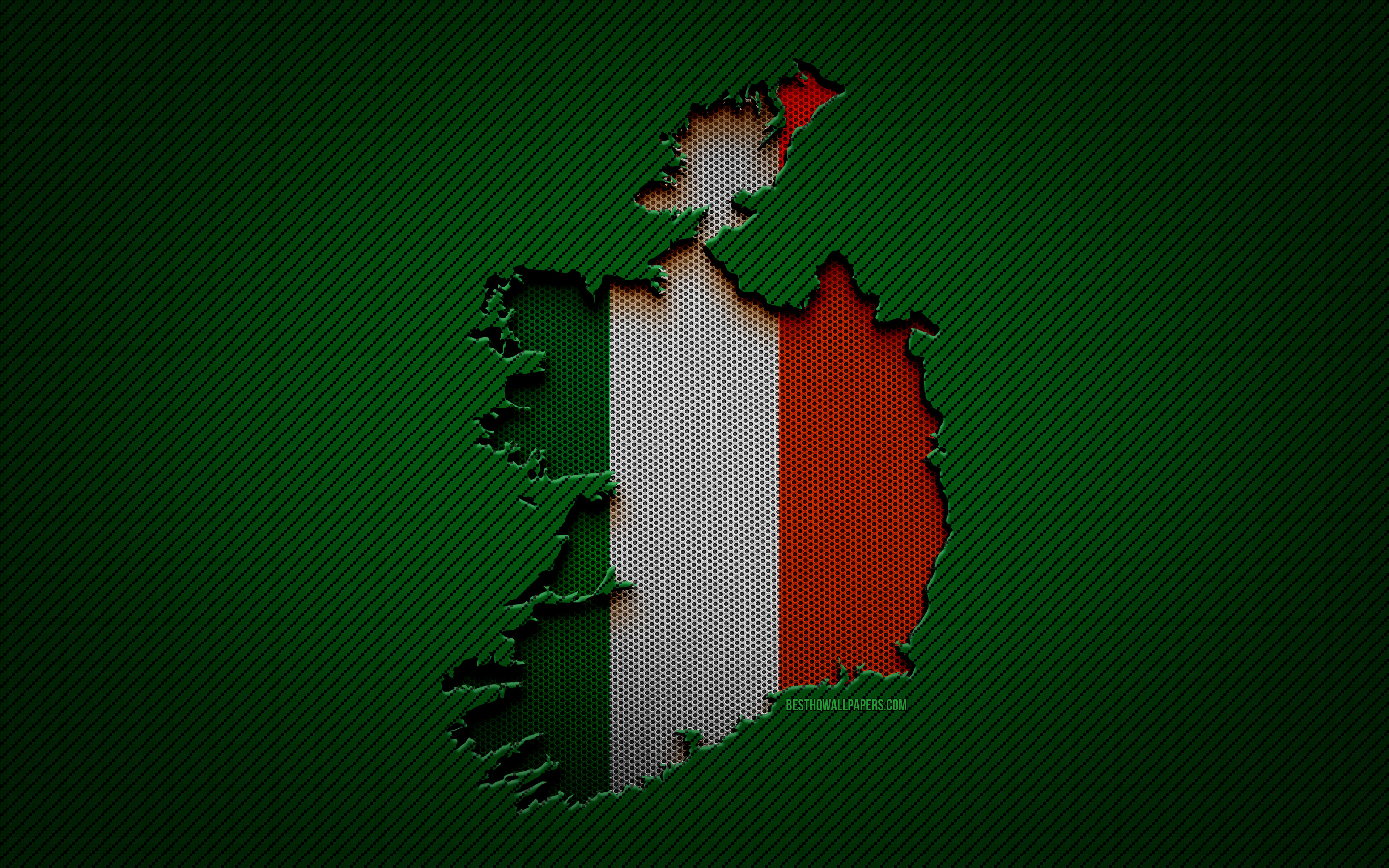 Download wallpaper Ireland map, 4k, European countries, Irish flag, green carbon background, Ireland map silhouette, Ireland flag, Europe, Irish map, Ireland, flag of Ireland for desktop with resolution 3840x2400. High Quality HD