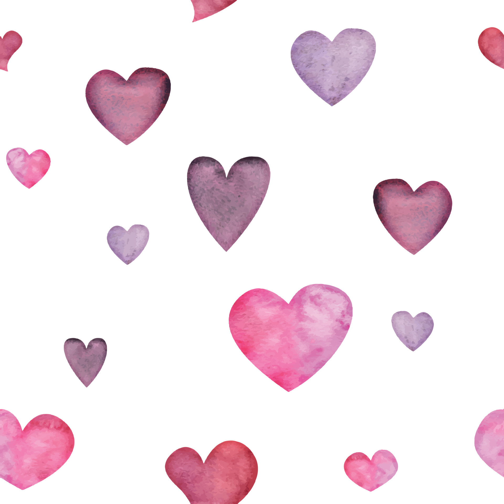 Watercolor hand drawn seamless pattern of red and purple hearts for Valentine's day. Isolated on white background. Design for paper, love, greeting cards, textile, print, wallpaper, wedding