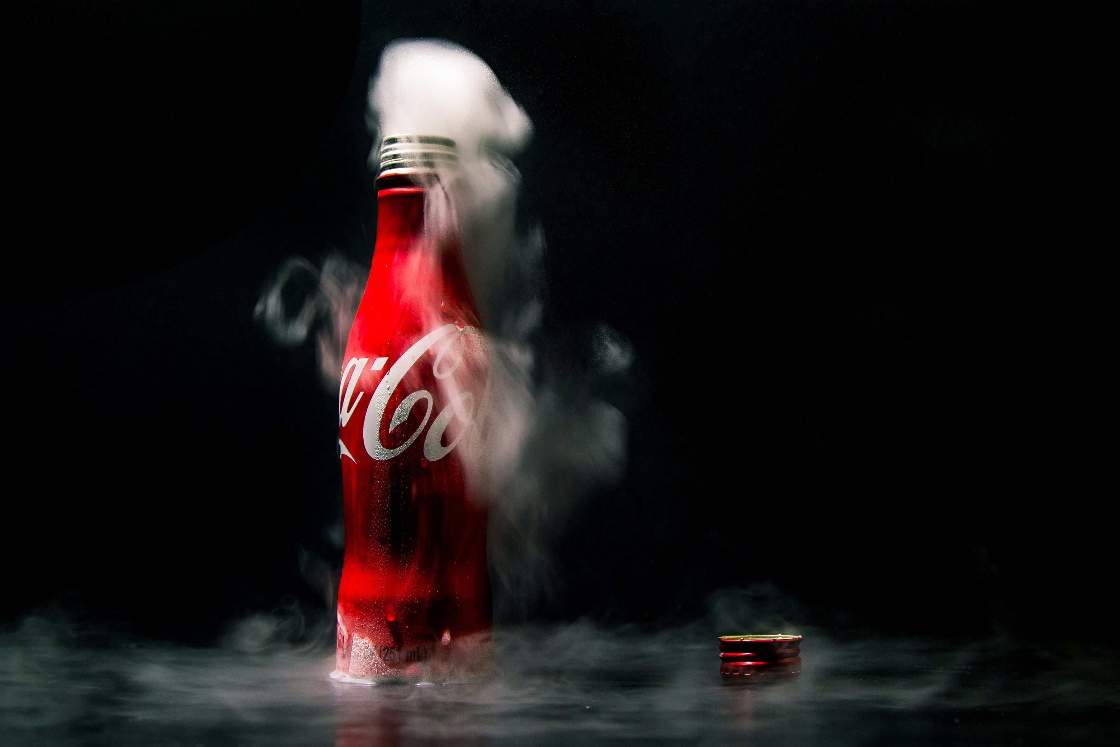 Wallpaper, night, bottles, red, Coca Cola, darkness, soft drink 3600x2400