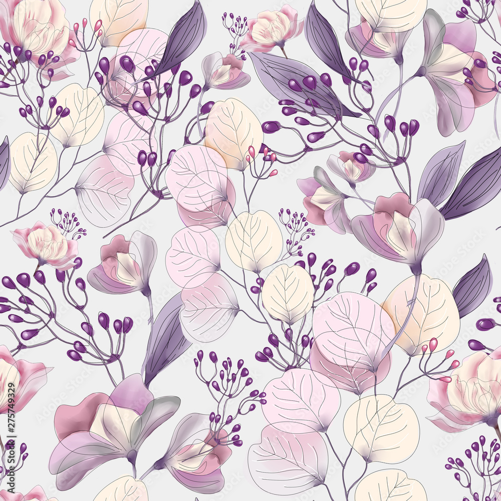Seamless pattern with pink flowers and leaves on a bright background, watercolor floral pattern, flower rose in pastel color, tillable for wallpaper, card or fabric. Stock Illustration