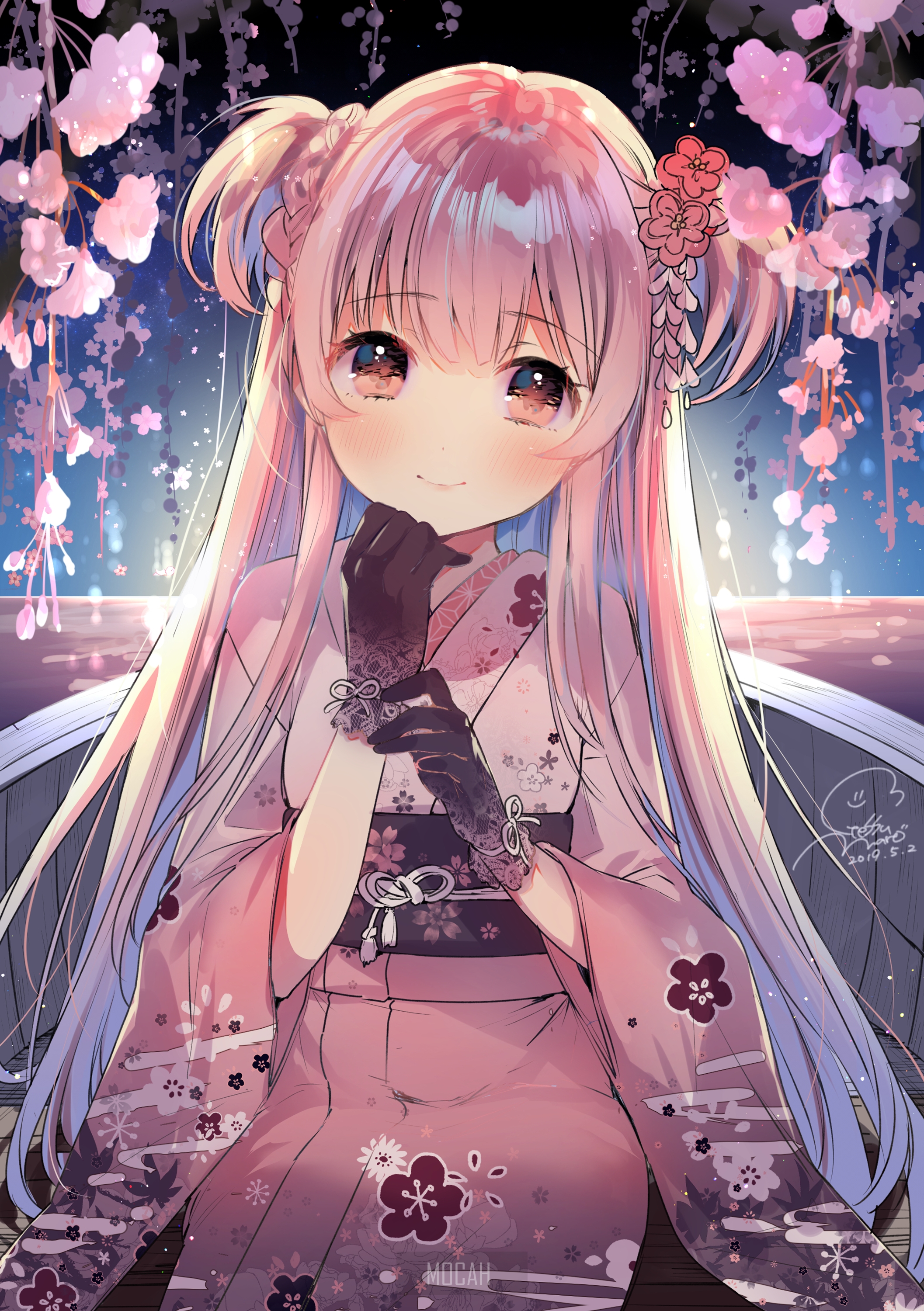 anime, anime girl, boat, original character, kimono, flowers, flower in hair full HD wallpaper, 2114x3000 Gallery HD Wallpaper