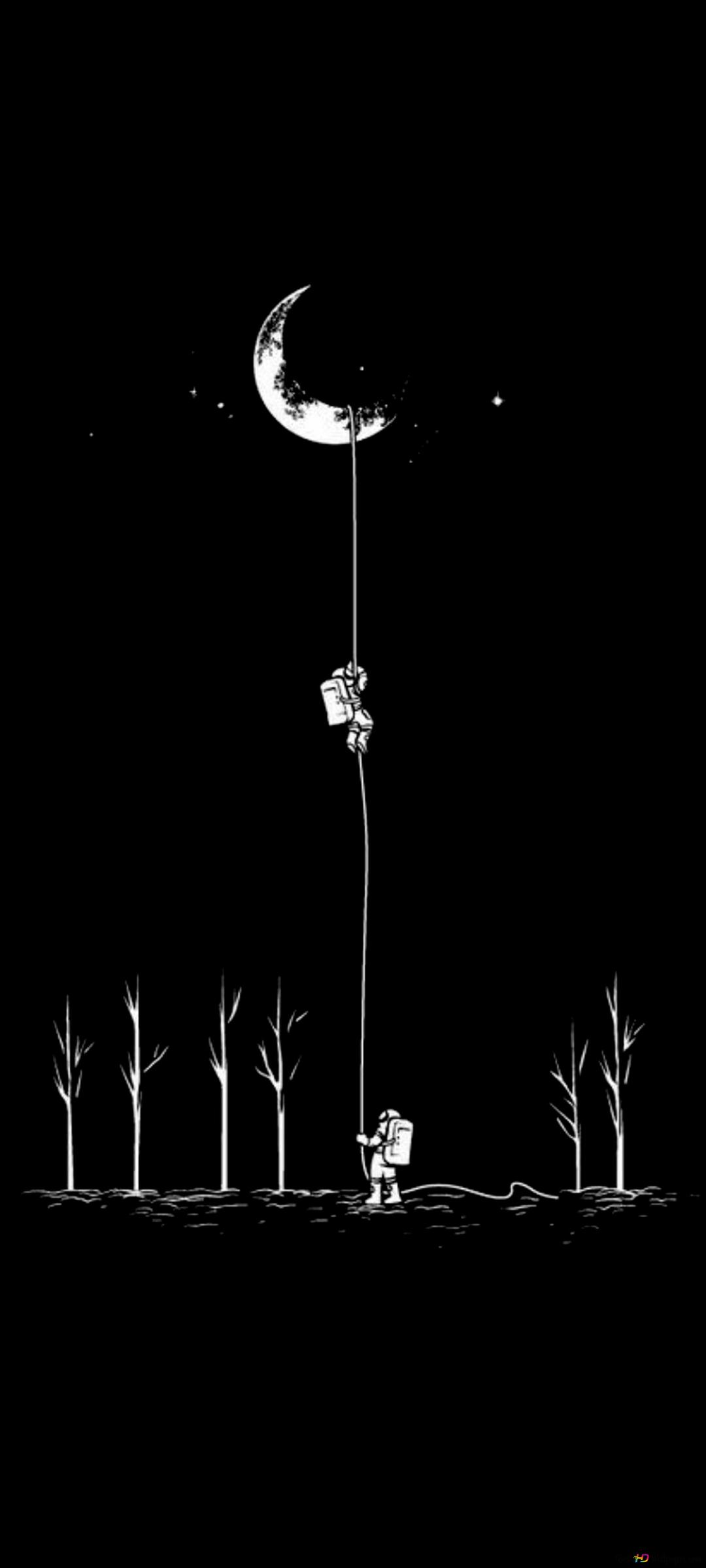 Black and white anime drawing of astronauts climbing half moon on dark background 2K wallpaper download