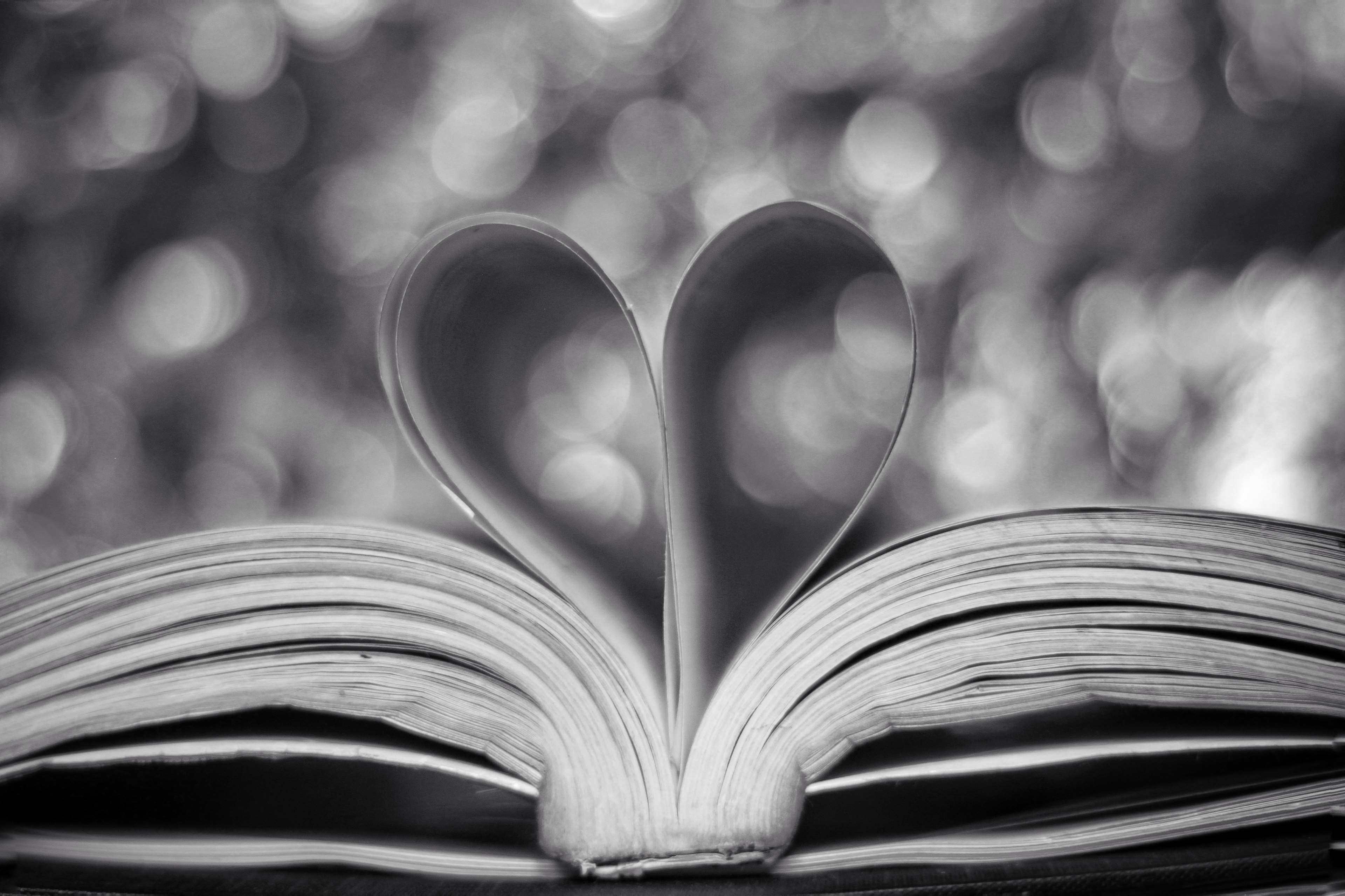 beautiful, black and white, bokeh, book, book pages, bookmark, circles, heart, love, monochrome, monochrome photography, pattern, valentine, valentines day