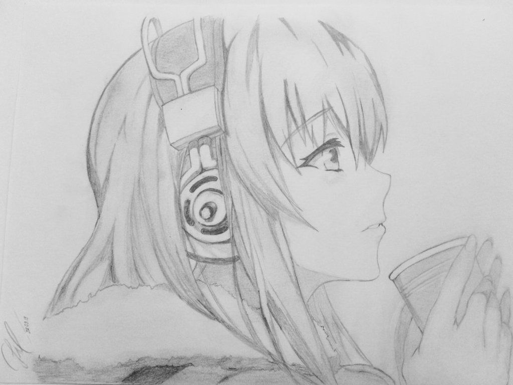 Icepman Anime Girl With Headphones Drawing Pencil Sketch