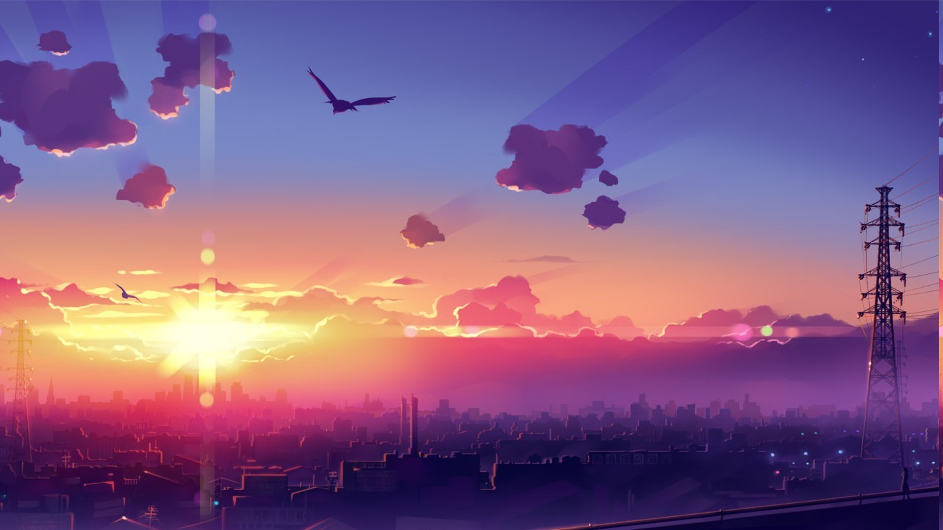 Wallpaper, sunset, anime, purple, sunrise, calm, evening, horizon, dusk, metropolis, cloud, dawn, daytime, energy, 1366x768 px, computer wallpaper, atmosphere of earth, afterglow, red sky at morning 1366x768