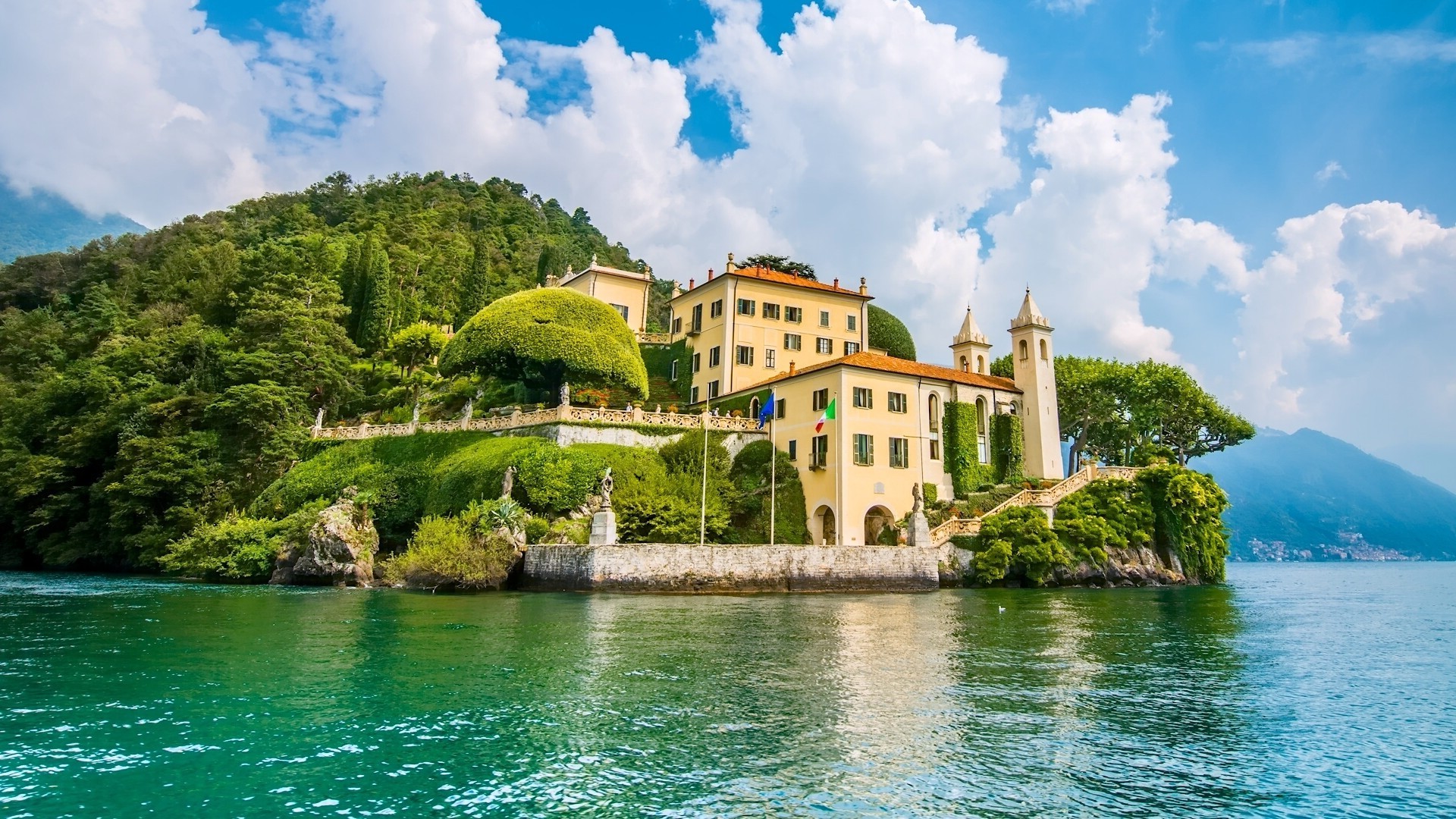 nature, Landscape, Building, Clouds, Hill, Trees, Forest, Lake Como, Italy, Cottage, Tower, Rock, Sculpture, Town Wallpaper HD / Desktop and Mobile Background