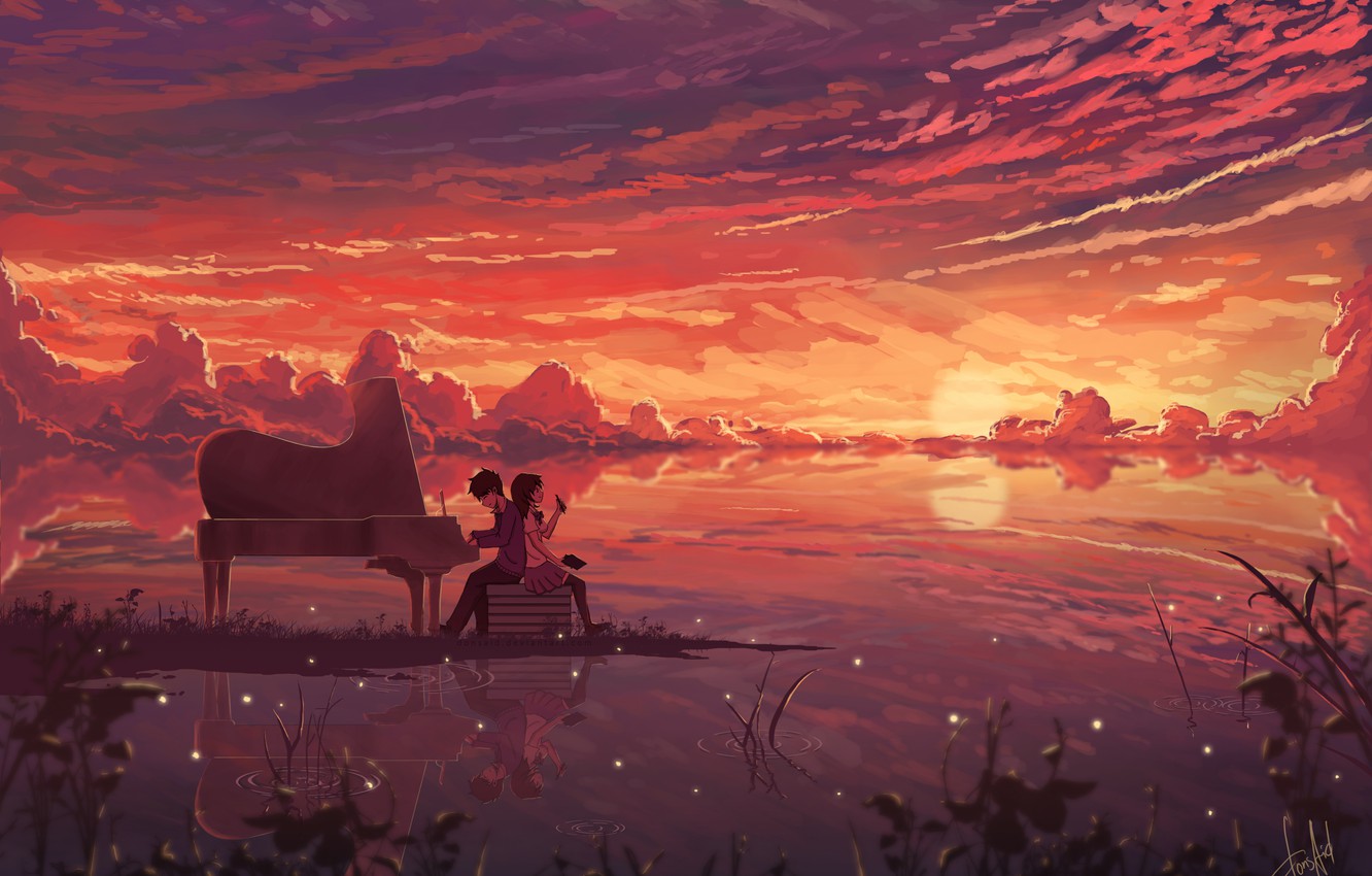 Wallpaper the sky, girl, clouds, sunset, fireflies, anime, headphones, piano, art, guy, notebook, dias mardianto, donsaid image for desktop, section арт
