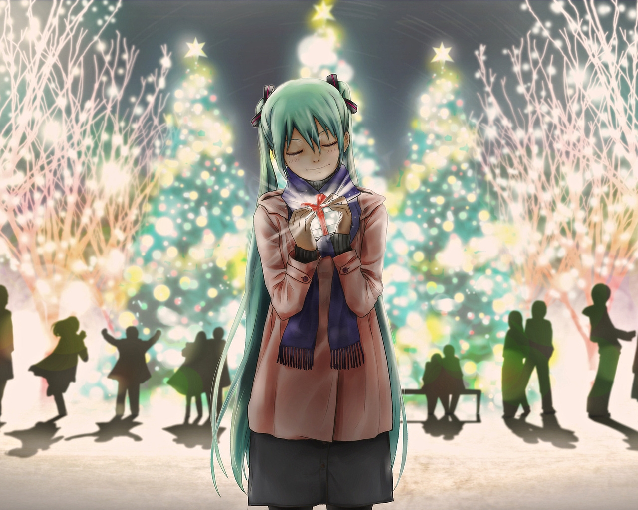 Wallpaper, anime, Vocaloid, miku, New Year, holiday, gift 1280x1024