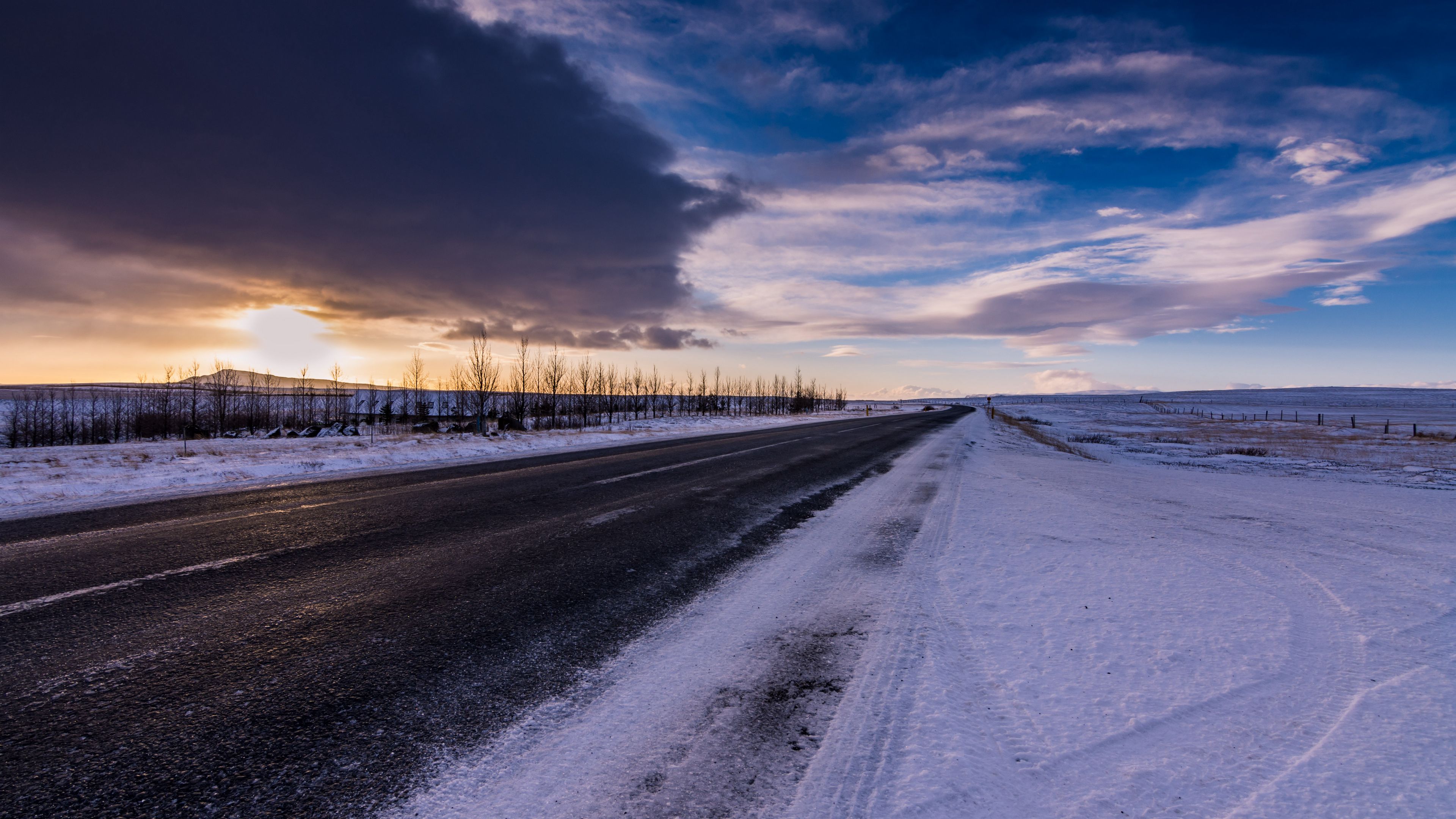 Wallpaper / road, snow, winter, sky, horizon, 4k free download