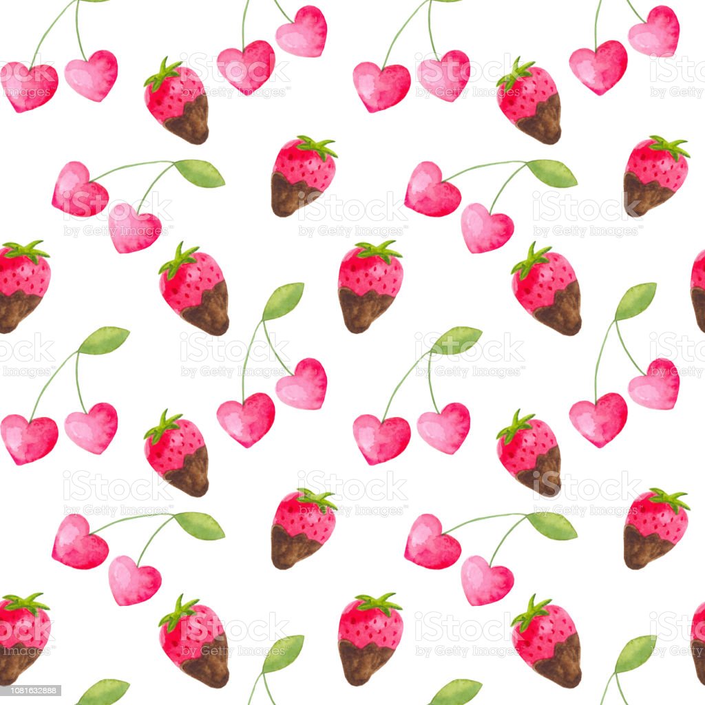 Seamless Watercolor Pattern For Valentines Day With Cherry And Strawberry Ideal For Packaging Paper Fabric Background Wallpaper Stock Illustration Image Now