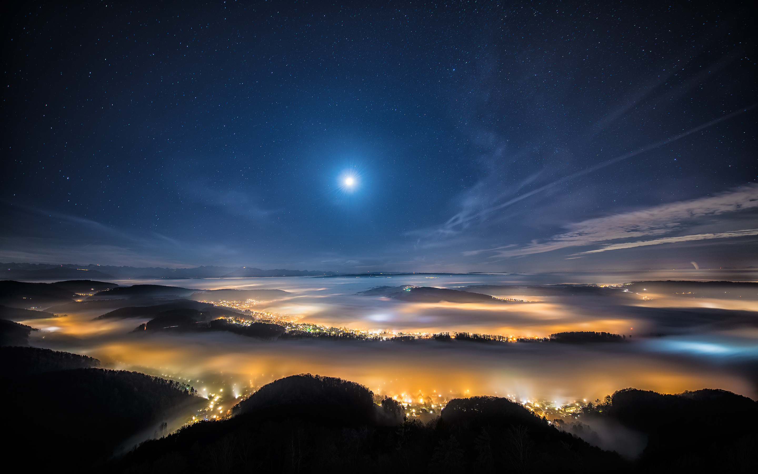Wallpaper, sunlight, mountains, city, night, sky, sunrise, evening, moonlight, horizon, atmosphere, Switzerland, dusk, Alps, astronomy, cloud, fog, dawn, darkness, afterglow, outer space, astronomical object 2880x1800 Wallpaper