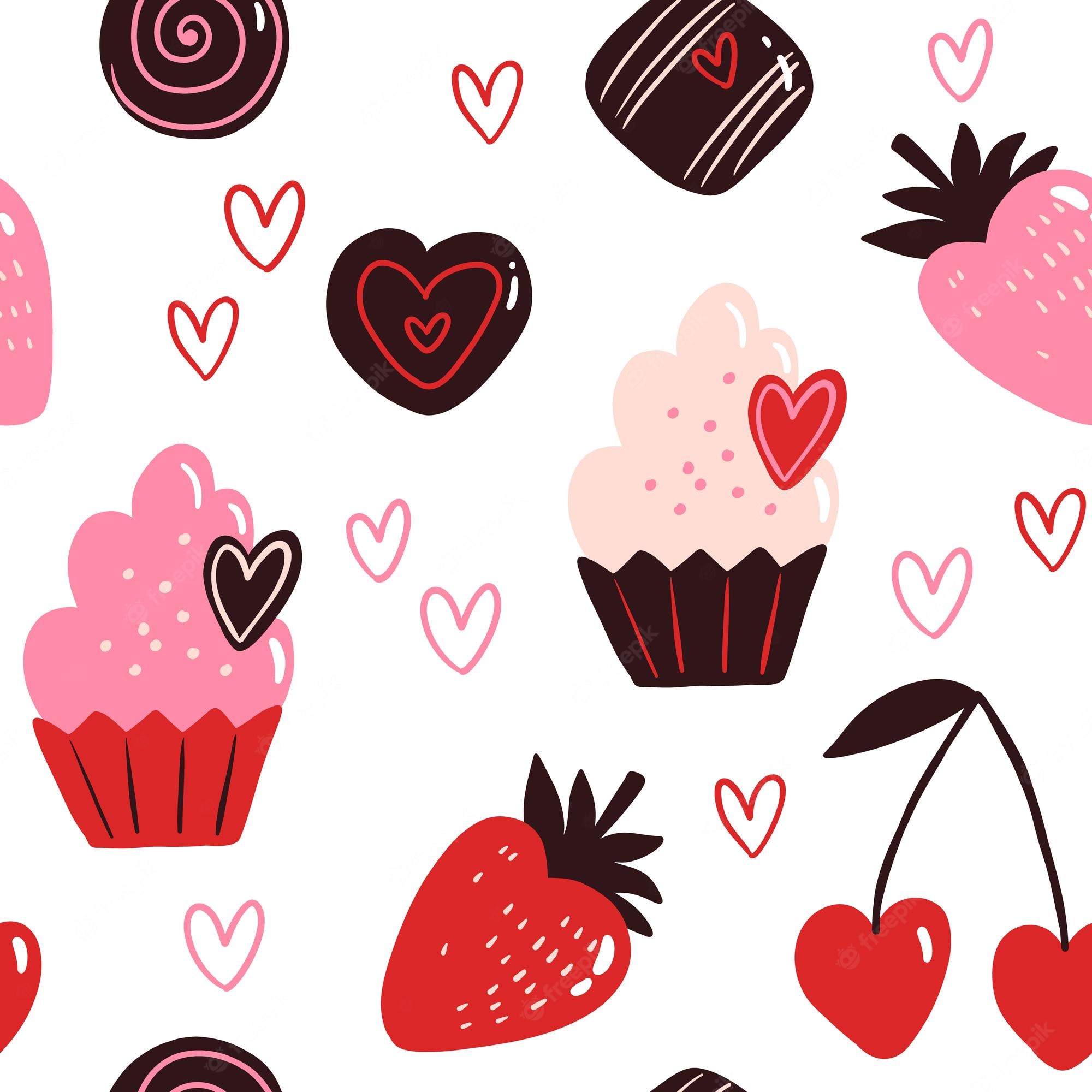 Premium Vector. Vector seamless pattern for valentines day cupcake cherry strawberry and chocolate candies doodle illustration for wallpaper fill web page background surface textures