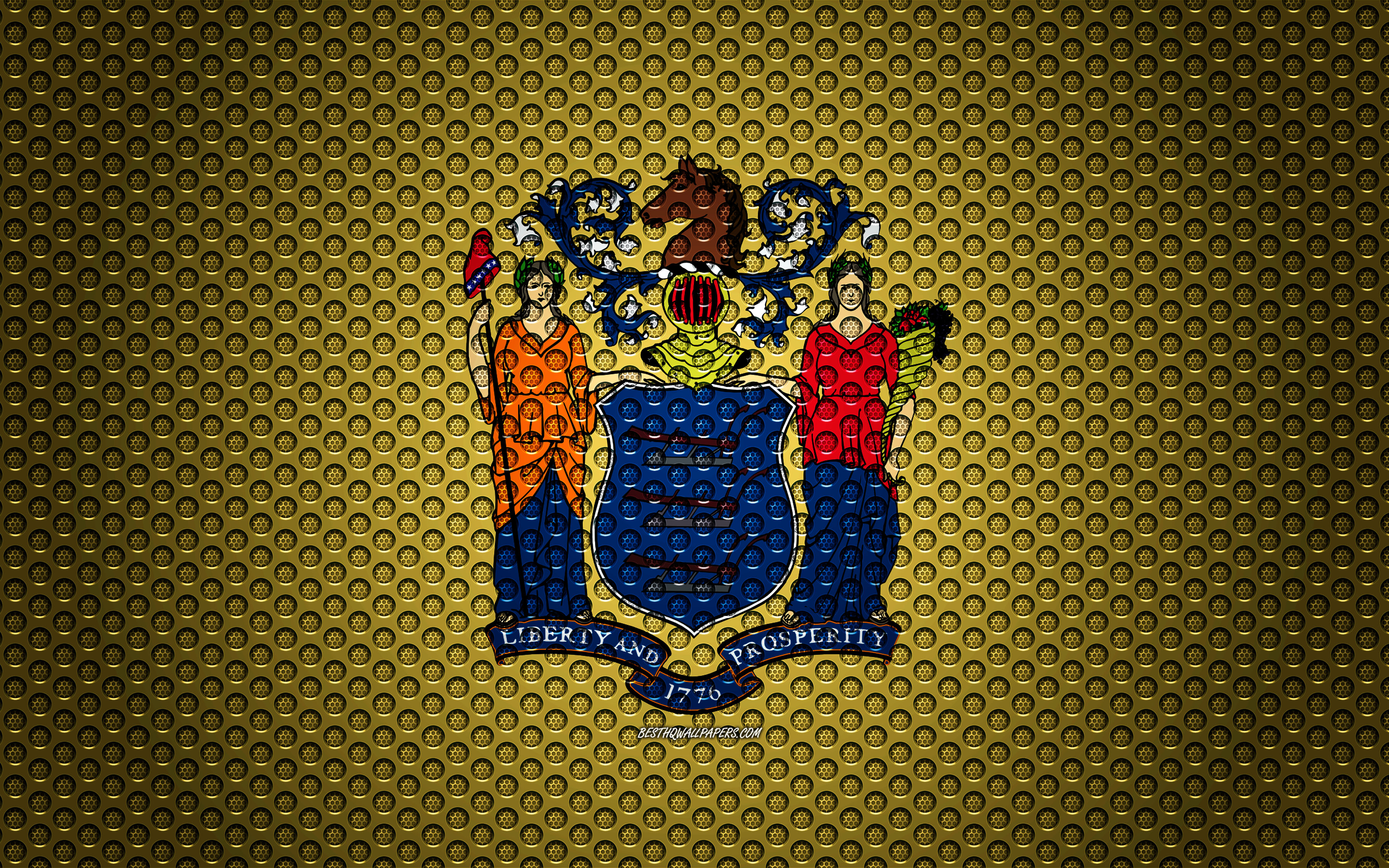Download wallpaper Flag of New Jersey, 4k, American state, creative art, metal mesh texture, New Jersey flag, national symbol, New Jersey, USA, flags of American states for desktop with resolution 3840x2400. High