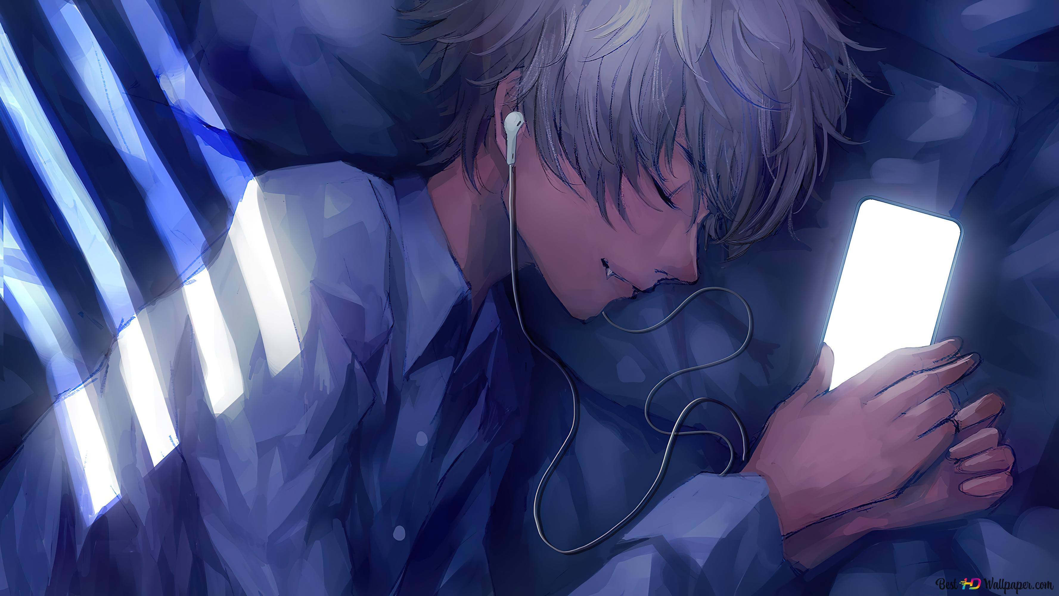 Anime boy sleeping while hearing music 4K wallpaper download