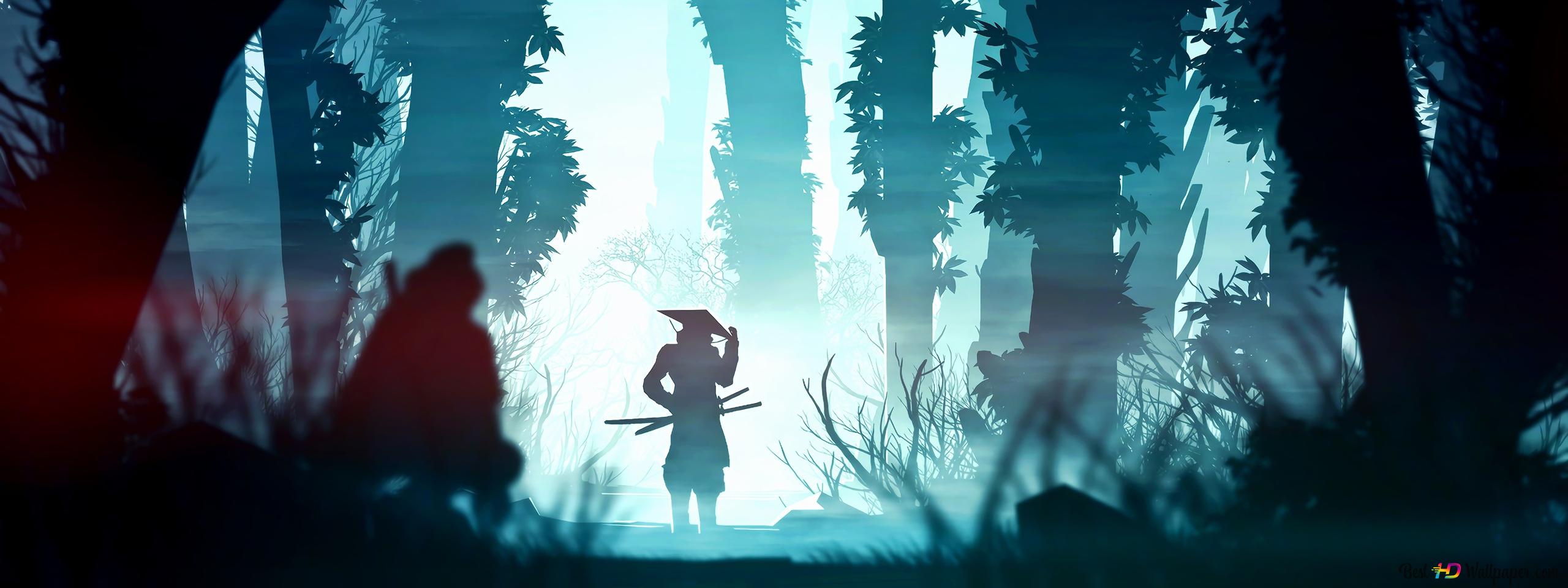 Samurai Silhouette Forest 4K wallpaper download