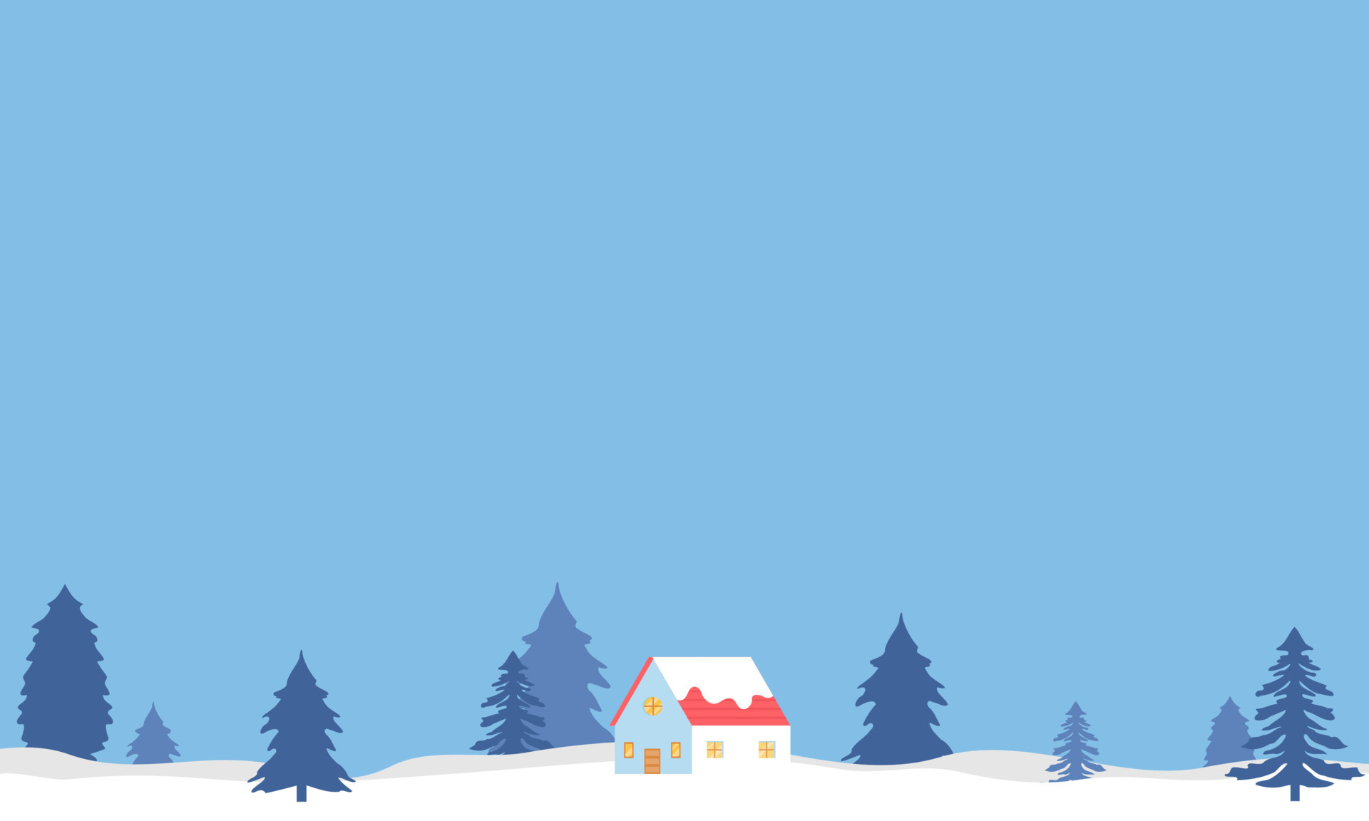 Winter landscape illustration with pine trees, clouds, and house. Winter wallpaper with flat style design. Winter illustration with cartoon style. Hello winter