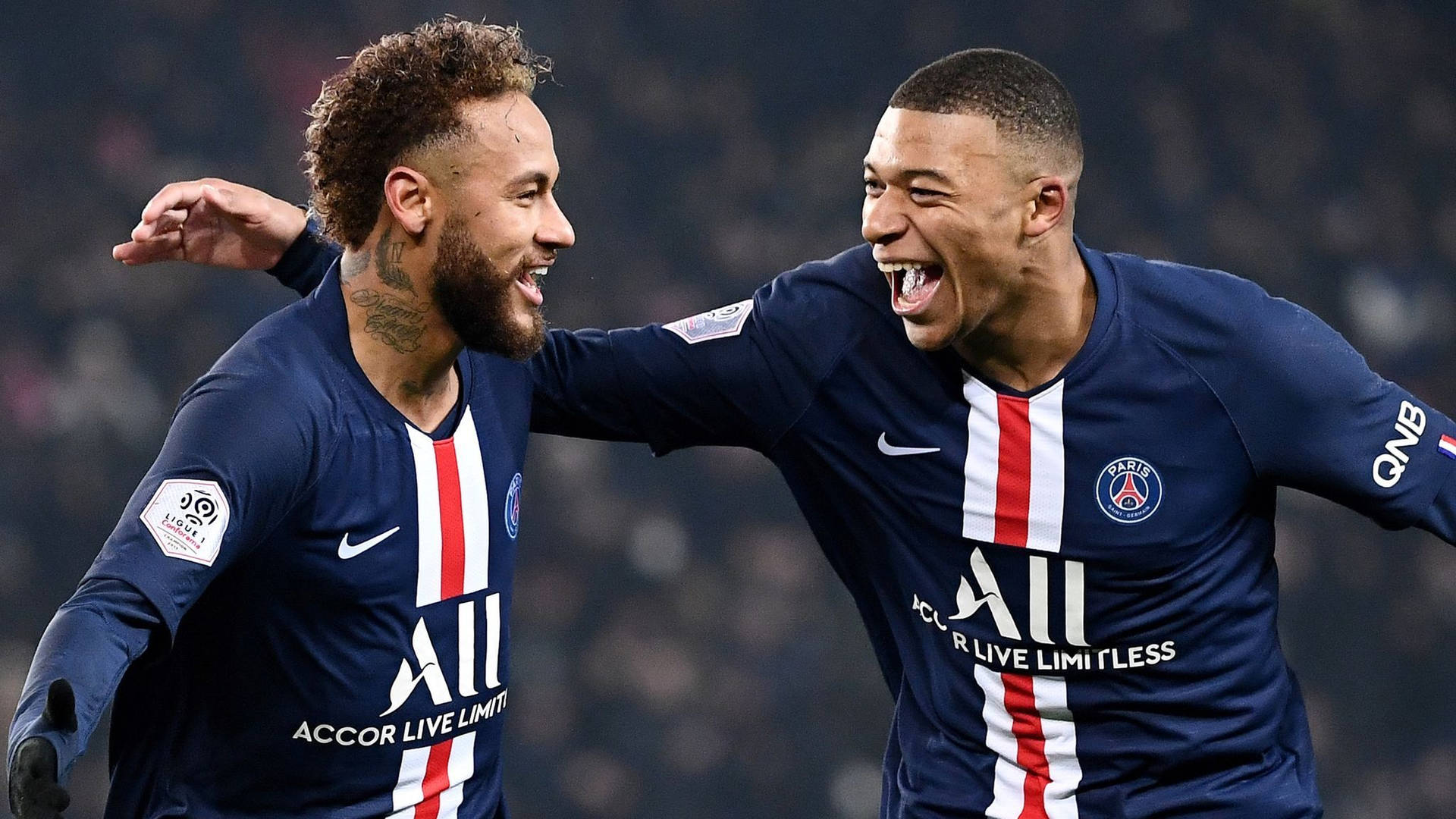 Download Neymar And Mbappe Celebrating Wallpaper