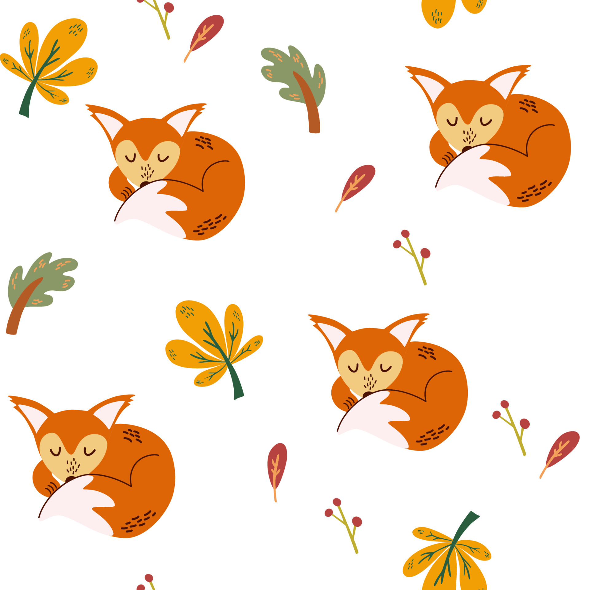 Sleeping fox seamless pattern. Autumn leaves. Awesome forest background in bright colors. Perfect for textile, wallpaper or print design. Hand Draw Vector illustration