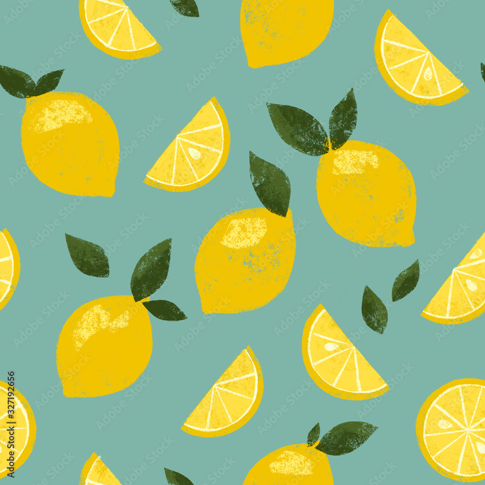 Cute bright retro lemon citrus seamless tiling wallpaper pattern with blue background Stock Illustration