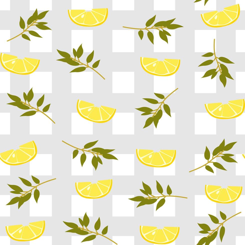 Cute lemon wedge and leaves with white pattern grey checkered minimalist. Summer texture, textiles, children wallpaper