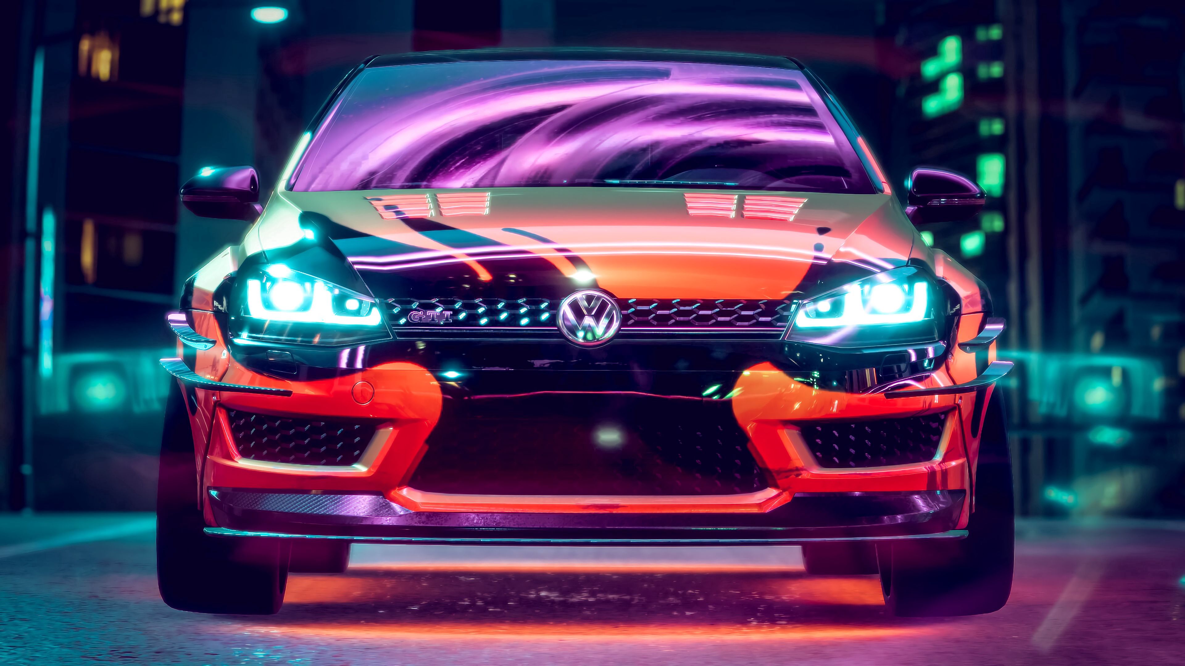 Wallpaper / volkswagen golf gti, volkswagen, car, neon, backlight, tuning, 4k free download