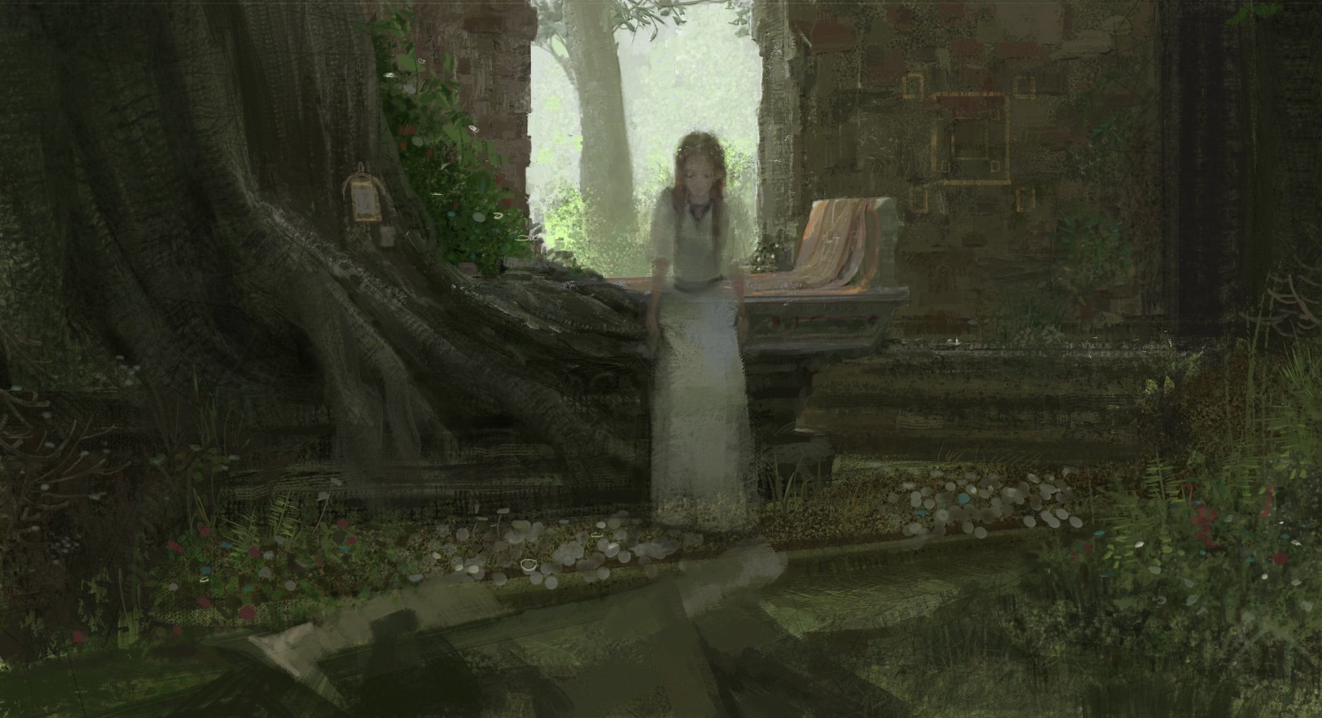 Wallpaper, women, forest, green, ghost 1920x1043
