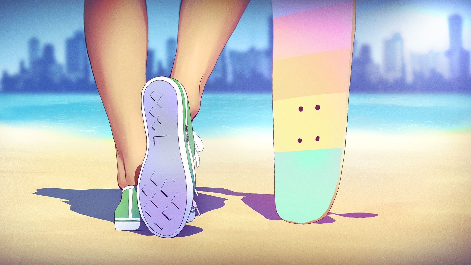 skateboarding, anime, skyline, beach, shoes, legs, drawing, feet, ENM, people, Converse, skateboard Gallery HD Wallpaper
