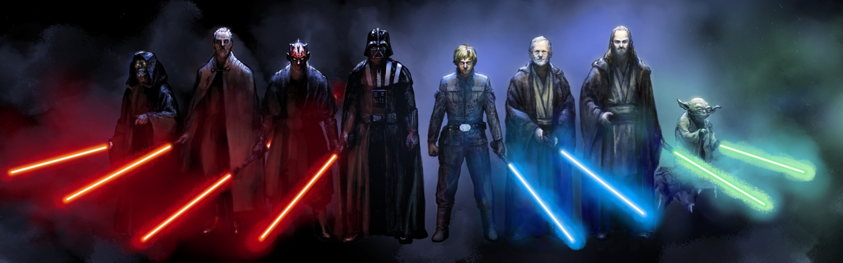Jedi, Obi Wan Kenobi, Count Dooku, Anakin Skywalker, Multiple Display, Yoda, Luke Skywalker, Qui Gon Jinn, Star Wars, Sith, Dual Monitors, Lightsaber, Emperor Palpatine, Darth Vader, Darth Sidious, Darth Maul