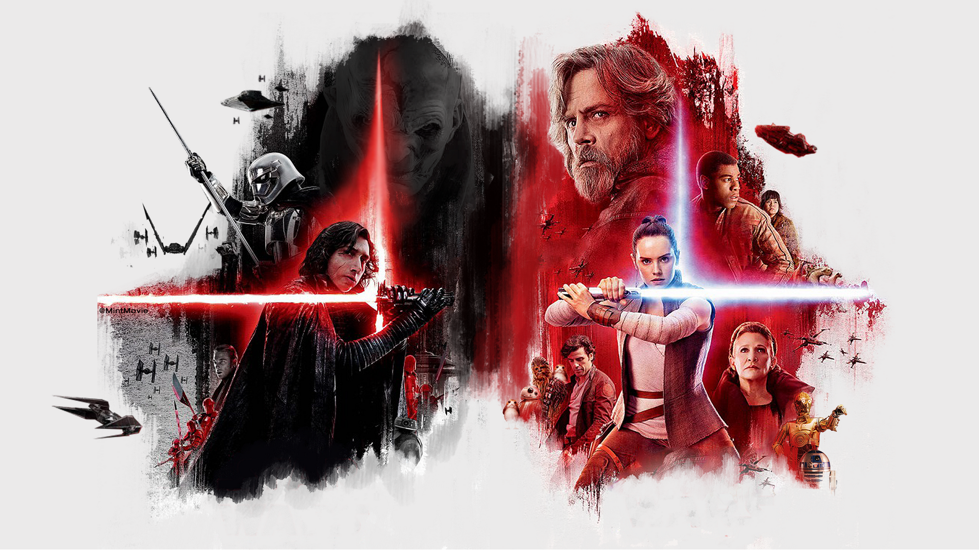 Wallpaper / fan art, Star Wars: The Last Jedi, movies, Rey (from Star Wars), Luke Skywalker, Princess Leia, Kylo Ren, lightsaber free download